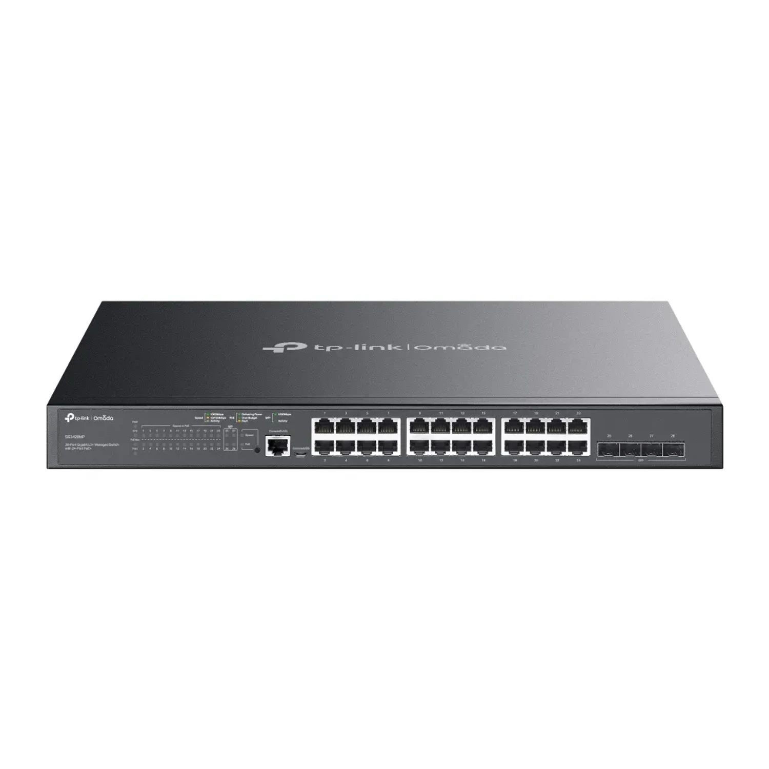 Switch administrable Omada L2+, 24 Gb PoE+ (384W), 4 SFP 1G, 56Gbps, jumbo 9K, ACL, QoS, IGMP, static routing.
