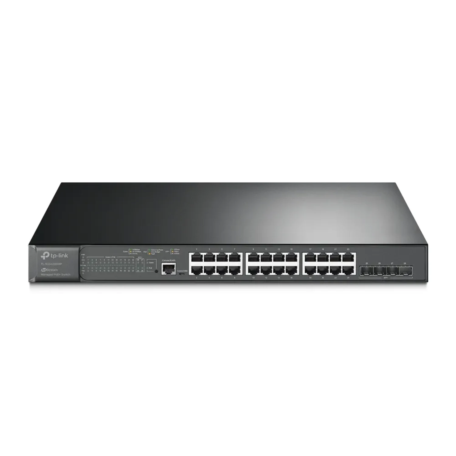 Switch administrable Omada L2+, 24 Gb PoE+ (384W), 4 SFP+ 10G, 128Gbps, jumbo 9K, ACL, QoS, IGMP, static routing.