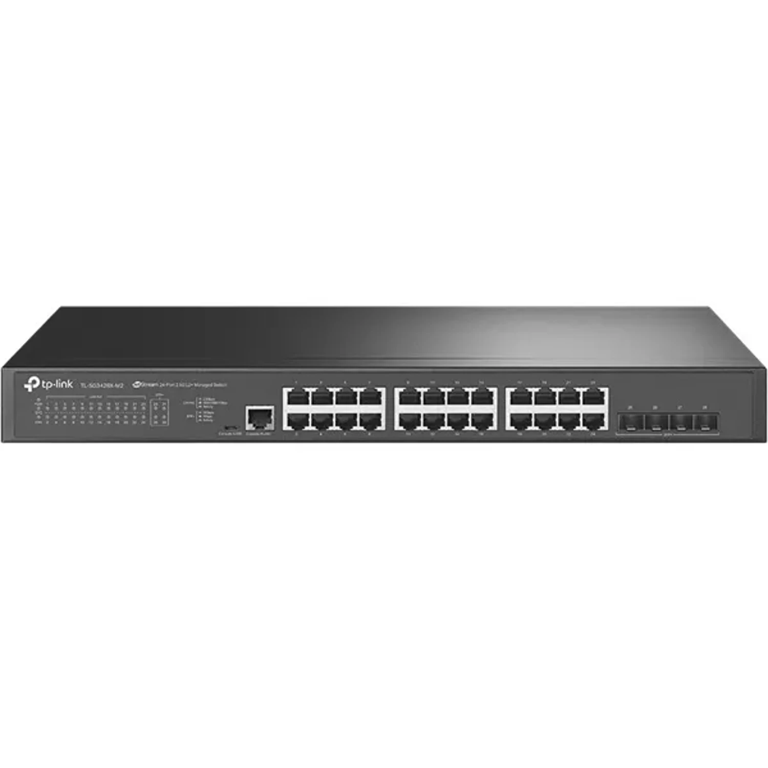 Switch administrable Omada L2+, 24×2.5G, 4 SFP+ 10G, 200Gbps, jumbo 9K, ACL, QoS, IGMP, static routing.
