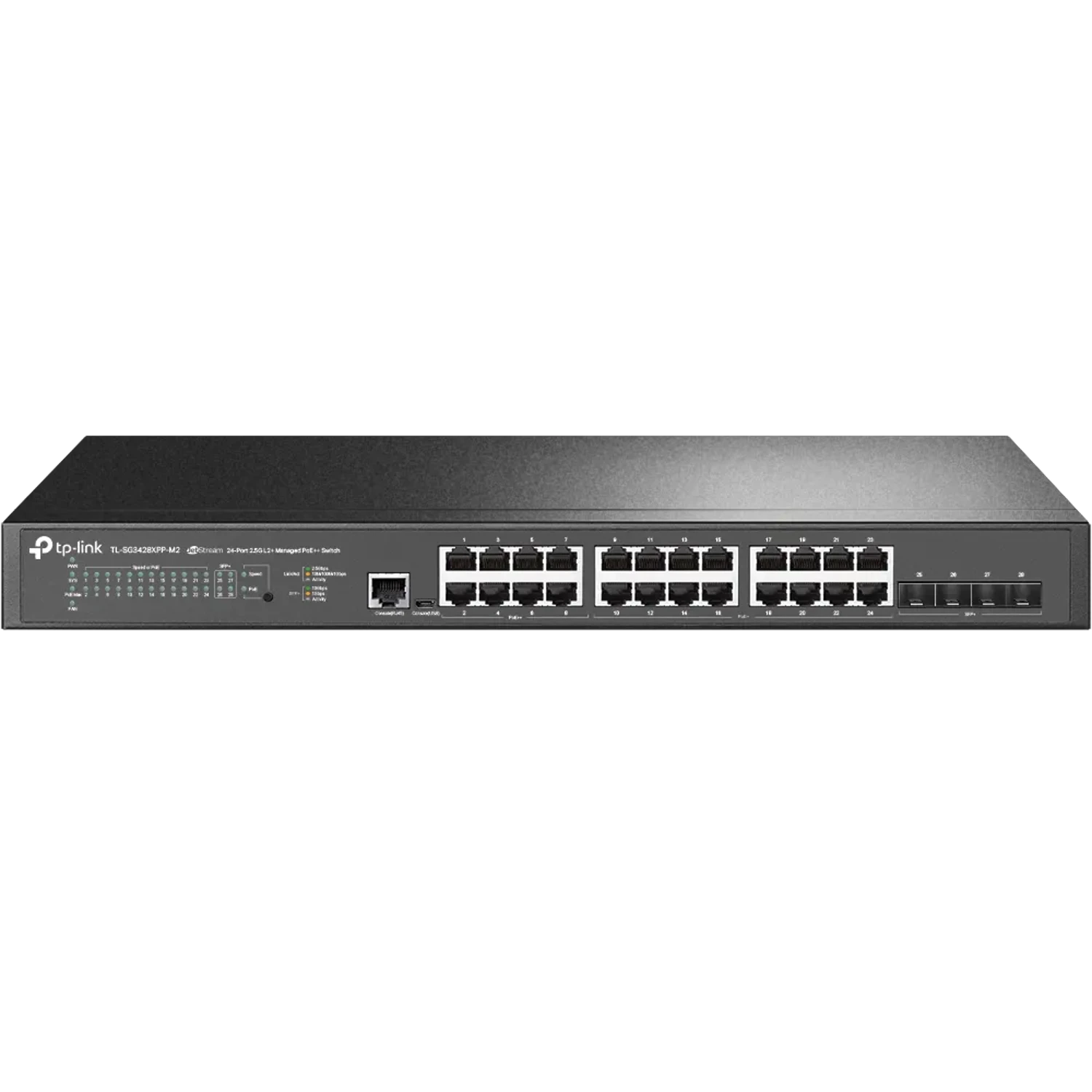 Switch administrable Omada L2+, 24×2.5G (8 PoE++/16 PoE+, 500W), 4 SFP+ 10G, 200Gbps, jumbo 9K, ACL, QoS, IGMP, static routing.