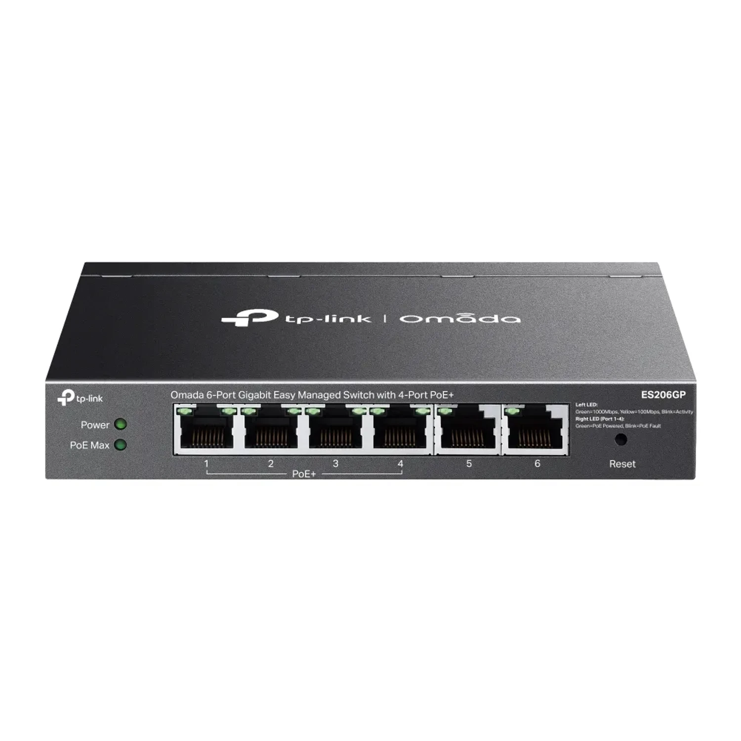 Switch administrable Omada L2+, 4 Gb PoE+ (65W), 2 Gb, 12Gbps, jumbo 15K, QoS, IGMP, loop prevention, fanless.