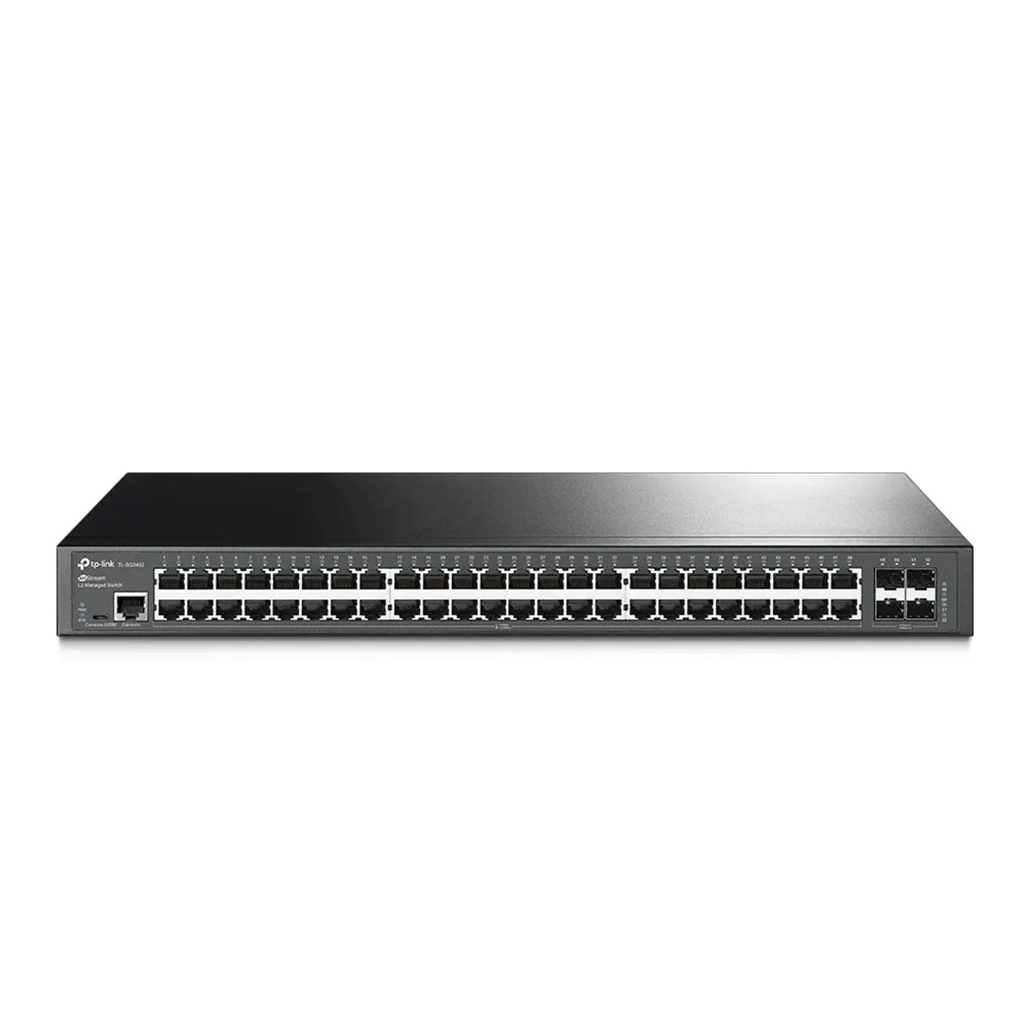 Switch administrable Omada L2+, 48 Gb, 4 SFP 1G, 104Gbps, fanless, jumbo 9K, ACL, QoS, IGMP, static routing.
