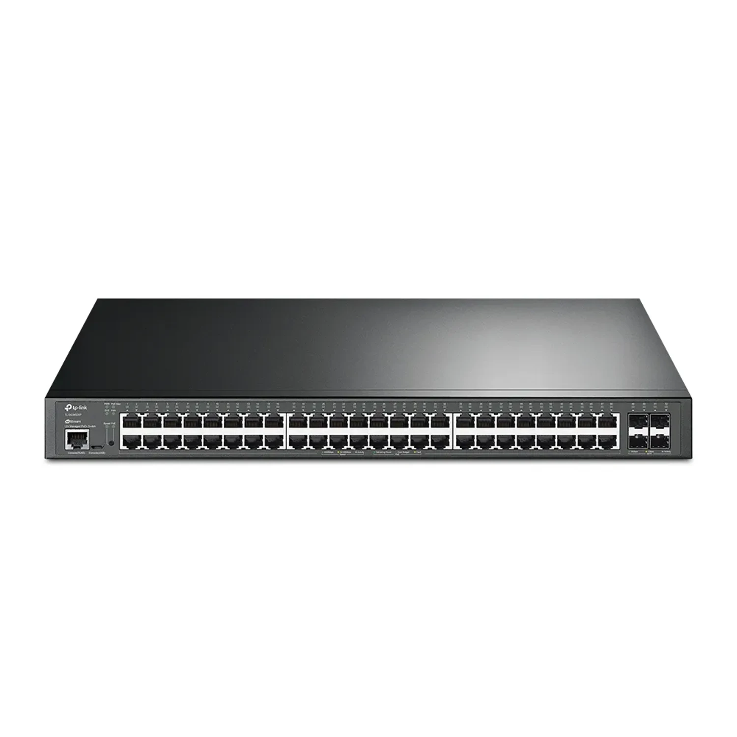 Switch administrable Omada L2+, 48 Gb PoE+ (500W), 4 SFP+ 10G, 176Gbps, jumbo 9K, ACL, QoS, IGMP, static routing.