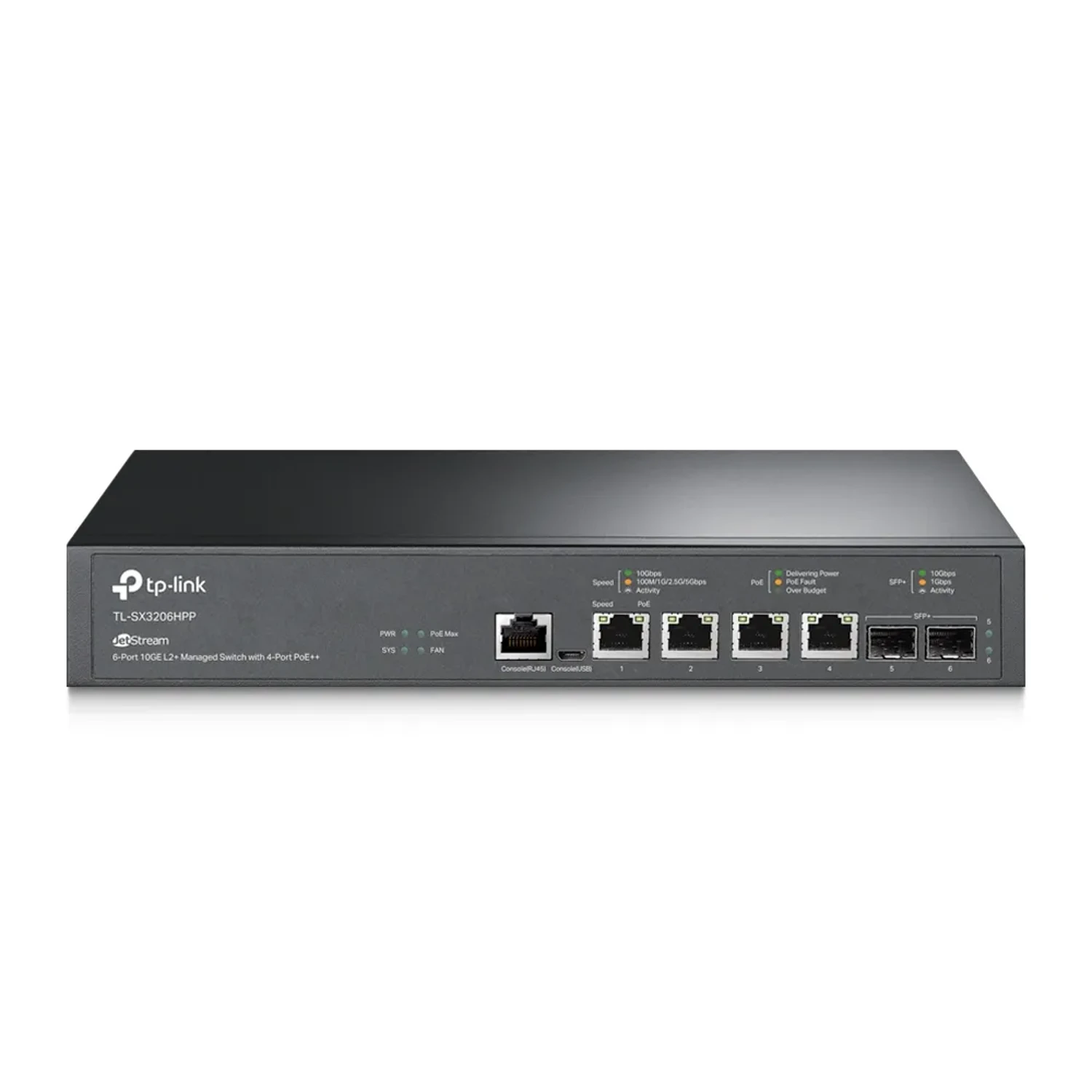 Switch administrable Omada L2+, 4×10G PoE++ (200W, 60W c/puerto), 2 SFP+ 10G, 120Gbps, VLAN, ACL, QoS, IGMP Snooping, static routing.