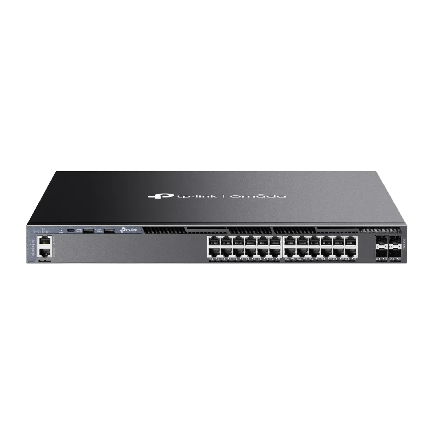 Switch administrable Omada L3, 24 Gb, 4 SFP+ 10G, 128Gbps, jumbo 9K, ACL, OSPF, VRRP, DHCP Relay, stacking 8U, fuente redundante.