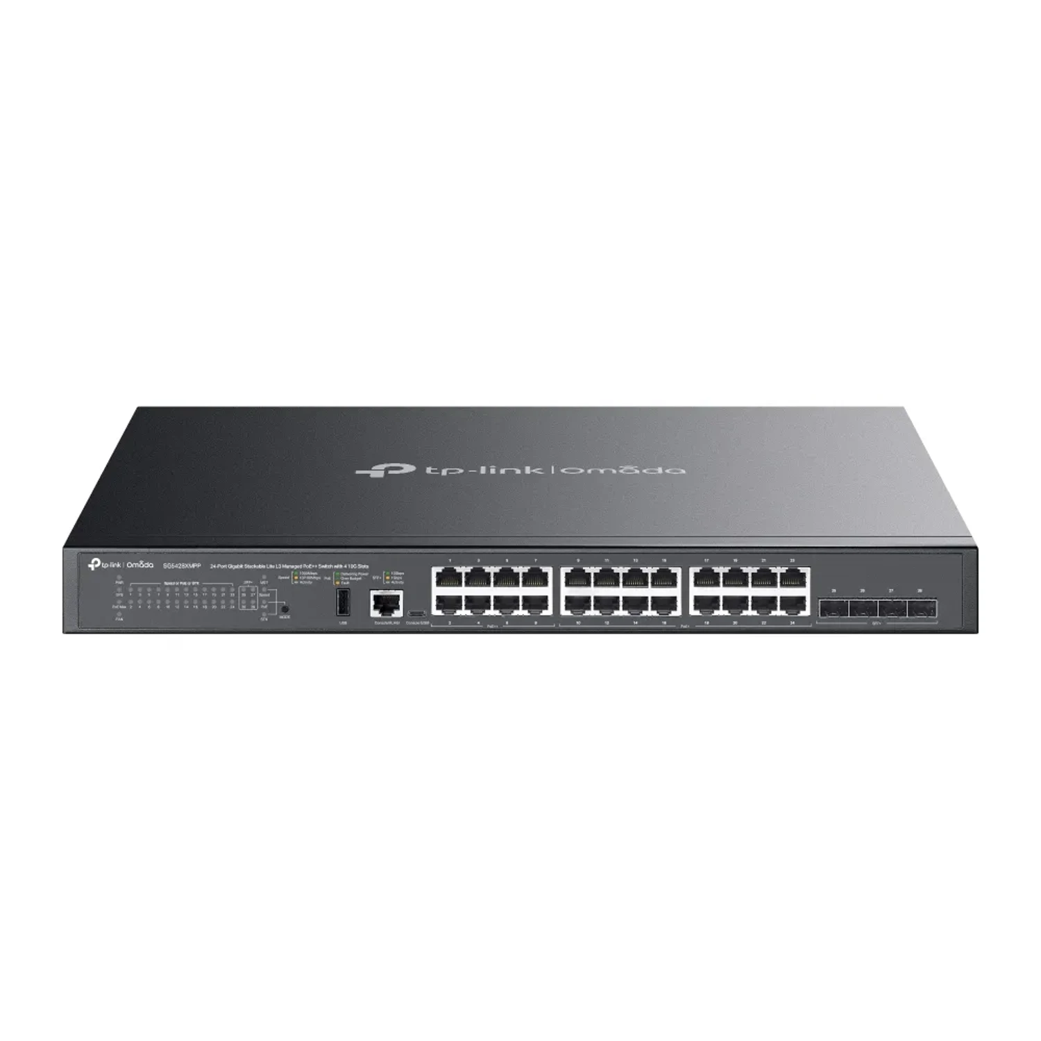 Switch administrable Omada L3, 24 Gb PoE++/PoE+ (500W), 4 SFP+ 10G, 128Gbps, jumbo 9K, stacking 4U, ACL, OSPF, RIP, DHCP Relay.