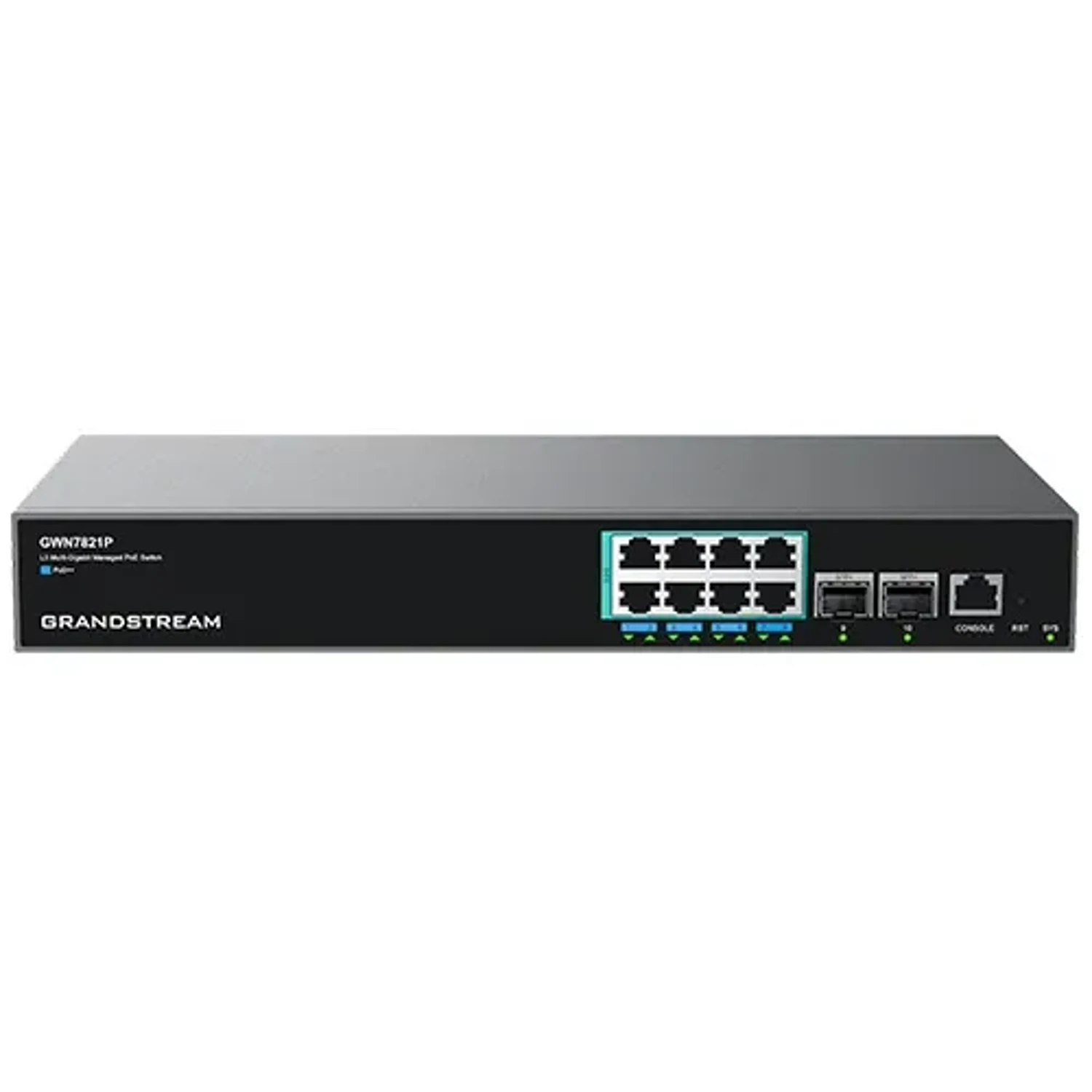 Switch gestionable Capa 3 Multigigabit enracable y apilable. Puertos:8 x 2,5 GbE PoE con PoE budget 240W + 2xSFP+ de 2 y 4 Gb. Rendimiento: 40Gbps y switching 80Gbps