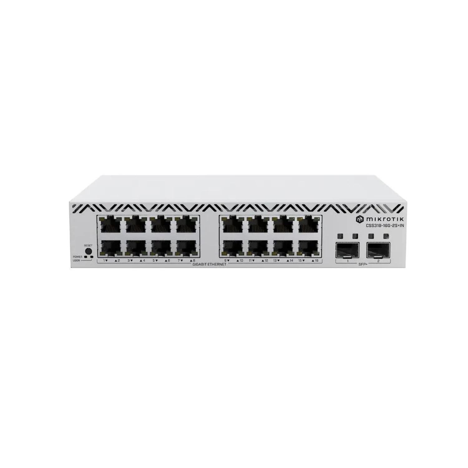 switch gestionado de la línea Cloud Smart Switch de Mikrotik. Cuenta con 16 puertos Gigabit Ethernet y 2 puertos SFP+