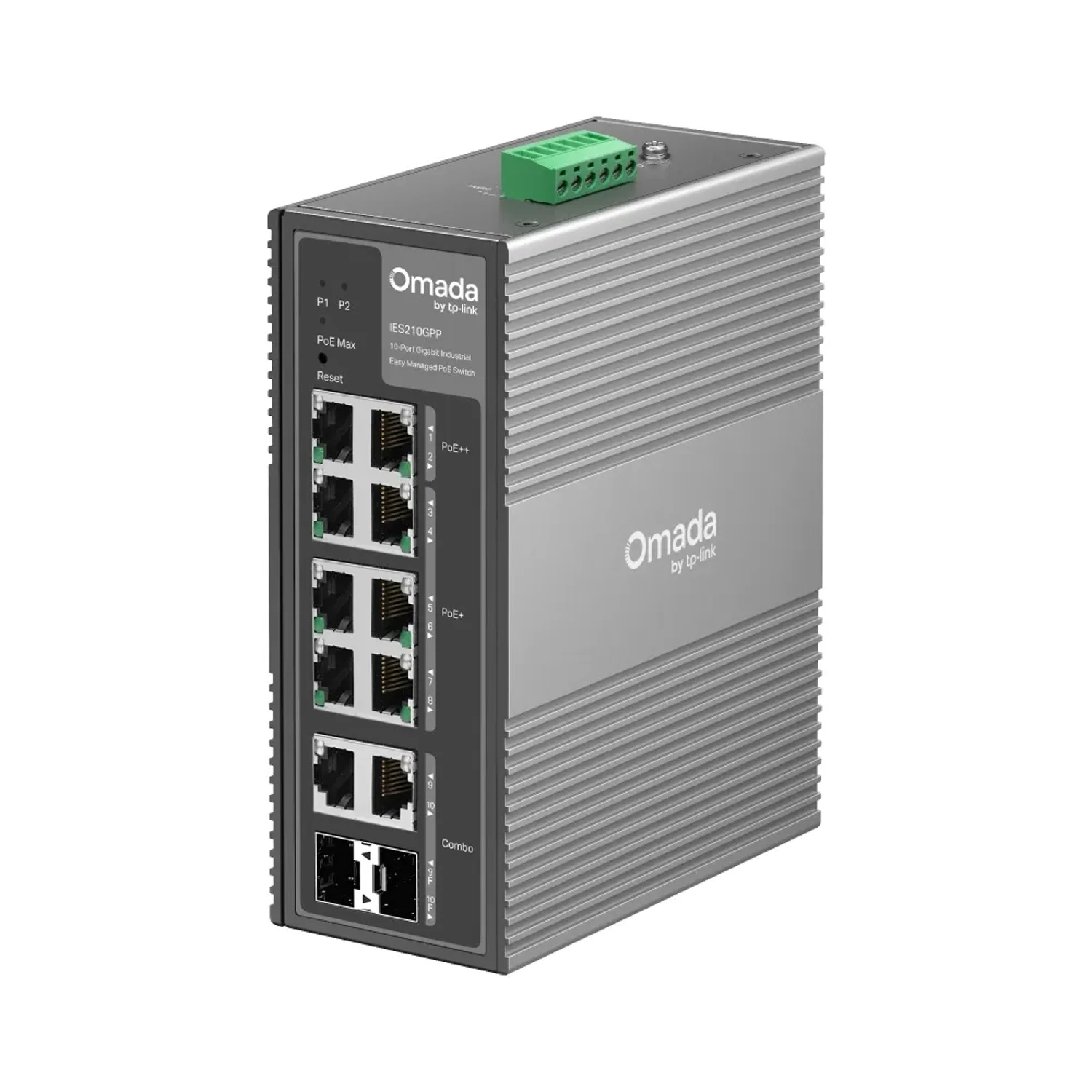 Switch industrial Omada L2+, 10 Gb (2 PoE++ 60W, 6 PoE+ 30W, 2 combo SFP), PoE 240W, 20Gbps, jumbo 15K, IP40, -40~75°C, ACL, QoS, VLAN, montaje DIN/pared.