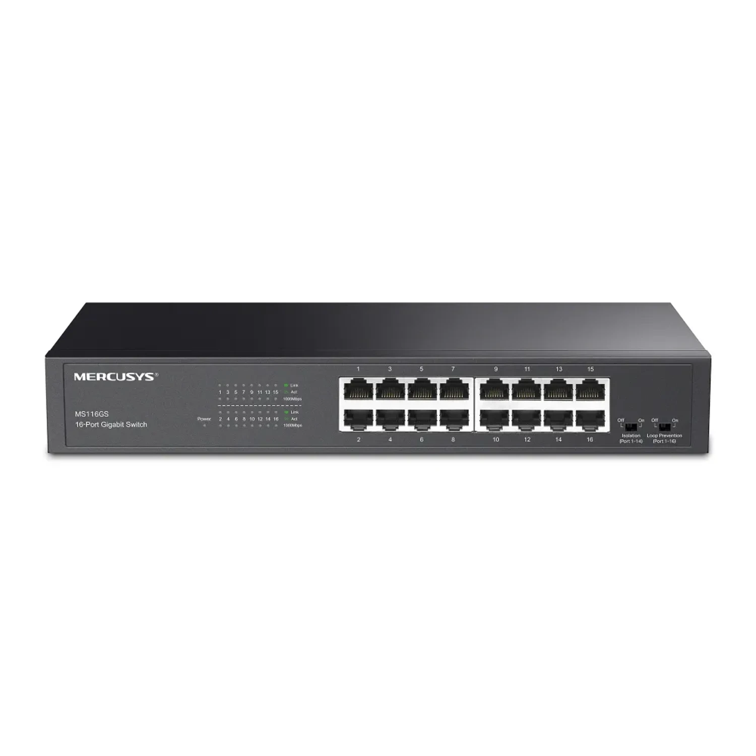 Switch MERCUSYS 16 puertos Gigabit (10/100/1000), capacidad 32Gbps, modo aislamiento, loop prevention, carcasa metálica, Plug & Play.