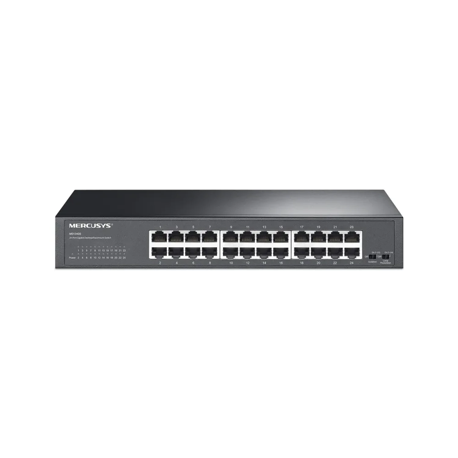 Switch MERCUSYS 24 puertos Gigabit (10/100/1000), capacidad 48Gbps, modo aislamiento, loop prevention, carcasa metálica, Plug & Play.