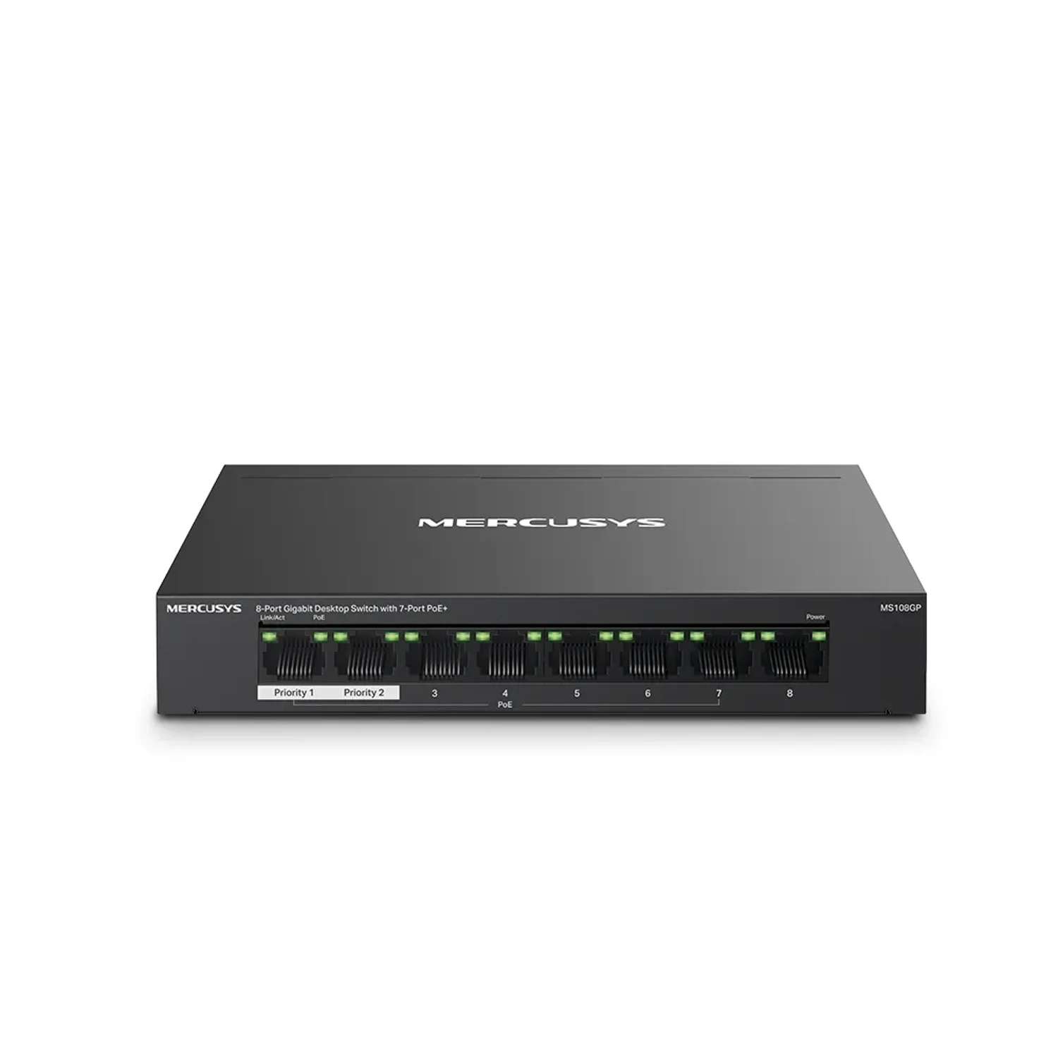 Switch MERCUSYS 8 puertos Gigabit (10/100/1000), 7 puertos PoE+ (30W c/u, 65W total), alcance 250m, modo aislamiento, carcasa metálica, Plug & Play.