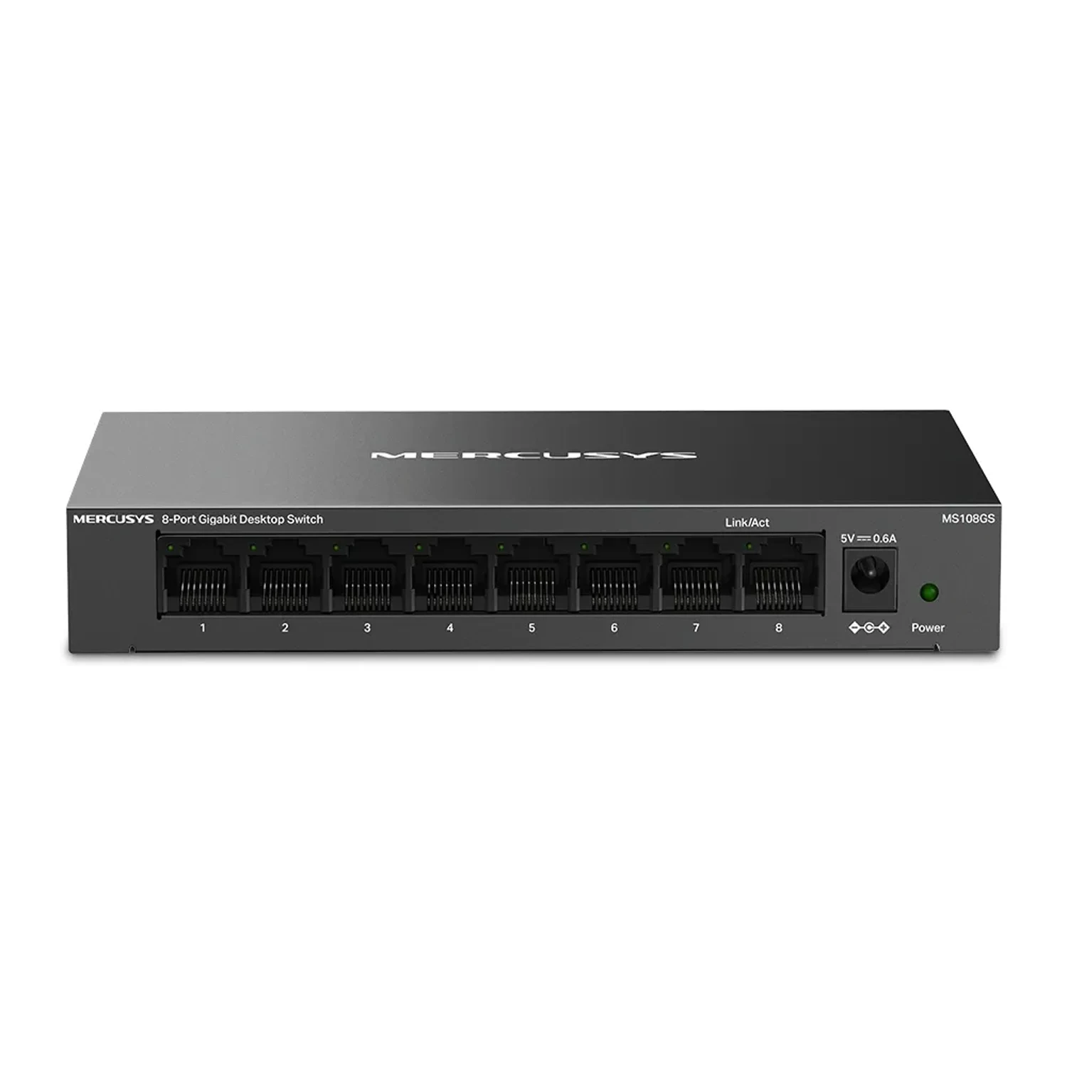 Switch MERCUSYS 8 puertos Gigabit (10/100/1000), capacidad 16Gbps, carcasa metálica, fanless, ahorro de energía, Plug & Play.