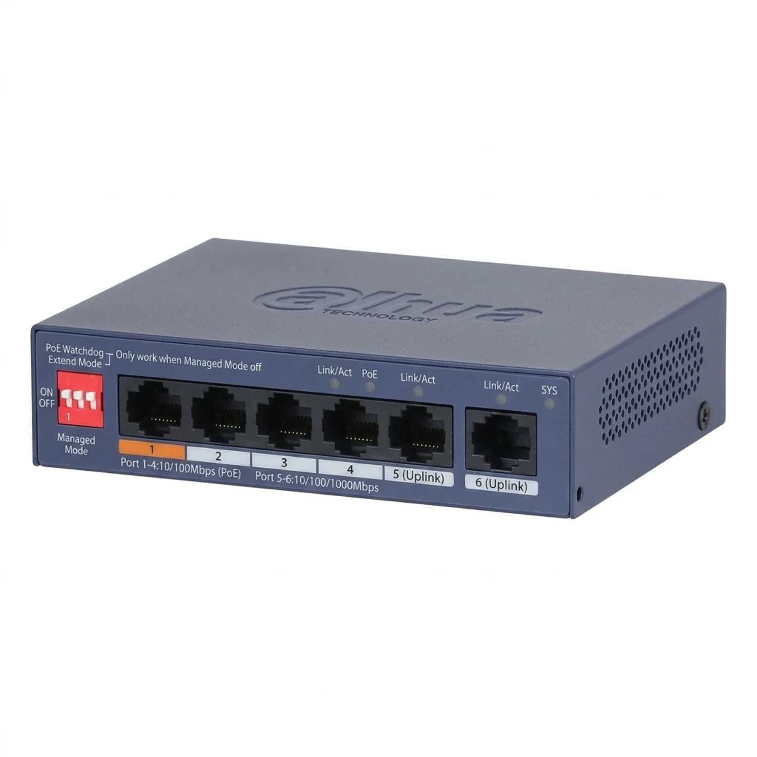 SWITCH POE CLOUD (DOLYNK) L2 6P (4P POE 10/100 + 2P UPLINK GIG), 60W (DIP: WATCHDOG/EXTEND 250M)