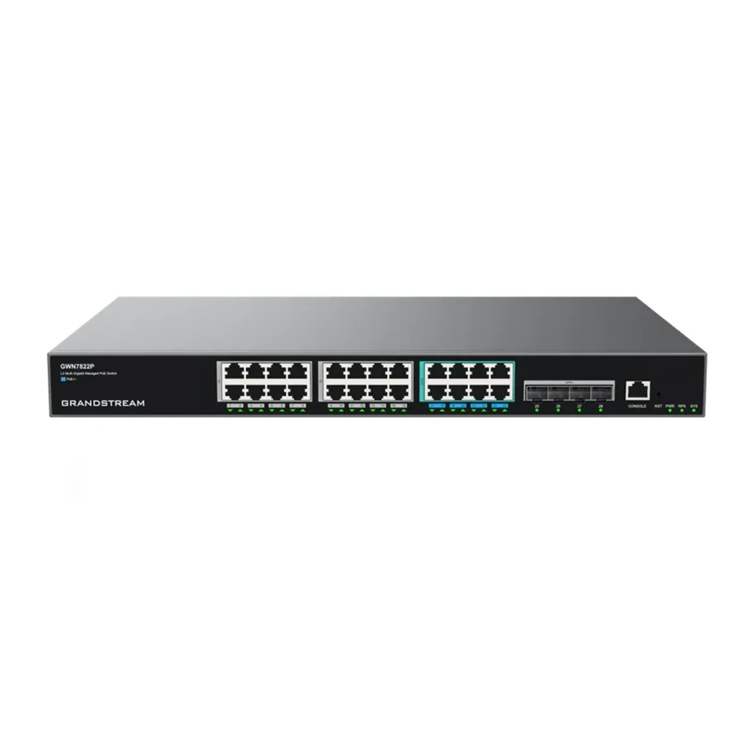 Switch PoE gestionables de capa 3 multigigabit 24 puertos Gigabit (16 puertos 1G, 8 puertos 2.5G), 4 puertos SFP+ Control de energía inteligente para admitir PoE/PoE+ y PoE++ dinámicos.
