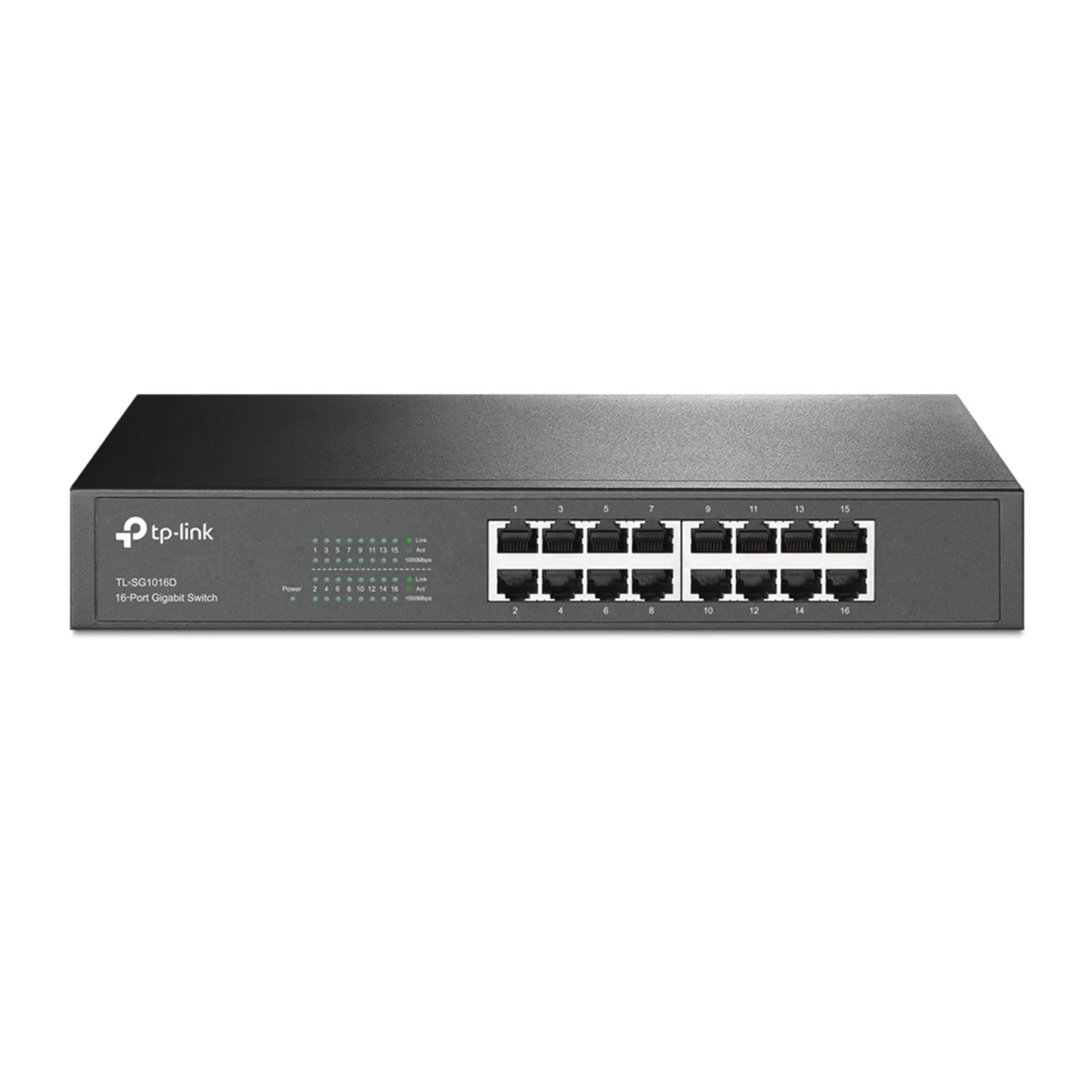 Switch TP-LINK no administrable 16 puertos Gigabit, switching 32Gbps, 23.8Mpps, MAC 8K, jumbo 10KB, auto MDI/MDIX, control de flujo 802.3x, carcasa metálica