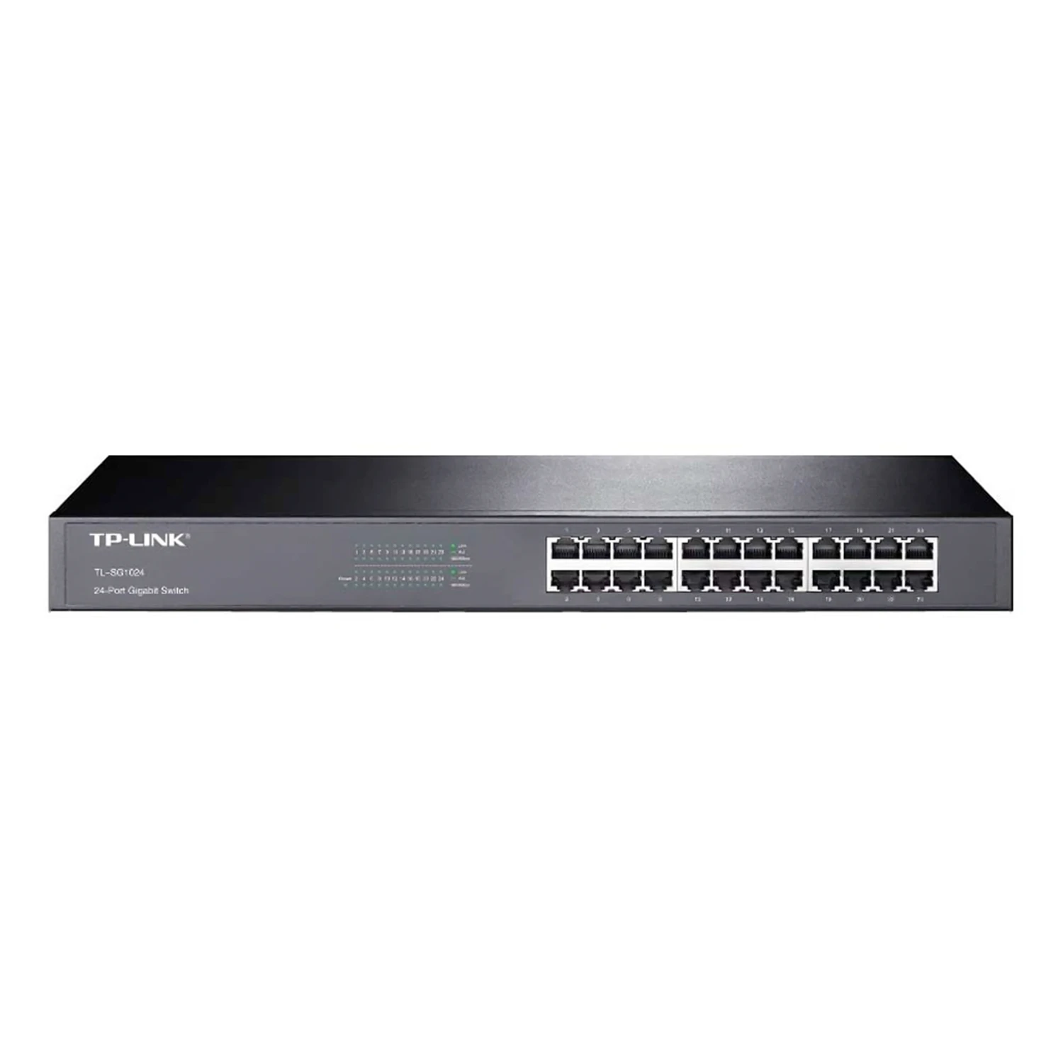 Switch TP-LINK no administrable, 24 puertos Gigabit, switching 48Gbps, forwarding 35.7Mpps, MAC 8K, jumbo 10KB, auto MDI/MDIX, control de flujo 802.3x, carcasa metálica rack 19”.