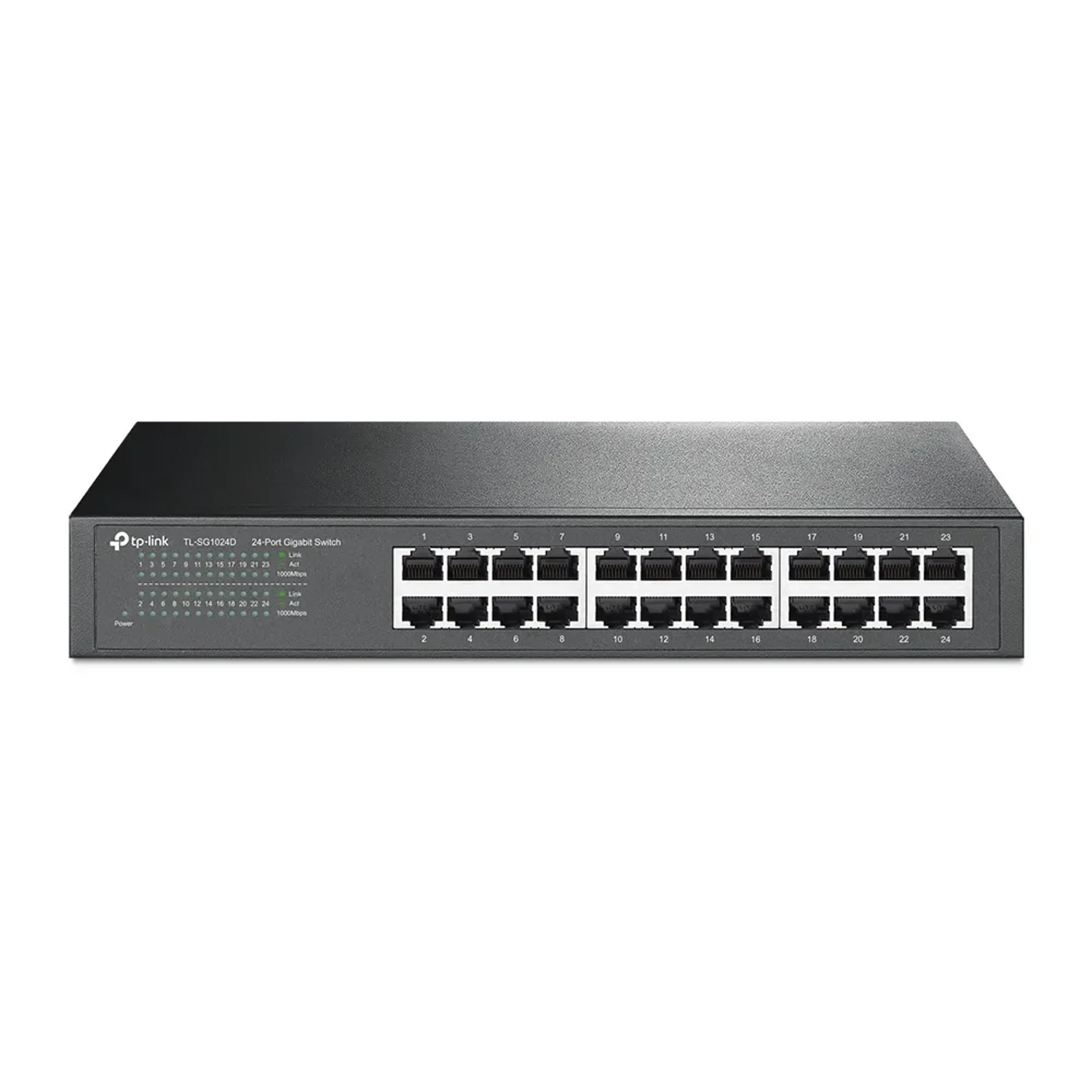 Switch TP-LINK no administrable, 24 puertos Gigabit, switching 48Gbps, forwarding 35.7Mpps, MAC 8K, jumbo 10KB, auto MDI/MDIX, control de flujo 802.3x, carcasa metálica rack 19”.