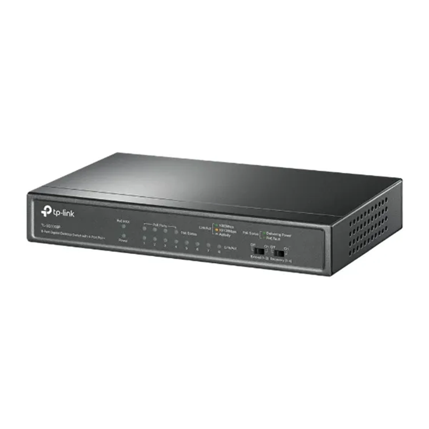 Switch TP-LINK no administrable, 8 puertos Gigabit, 4 PoE+ 64W, switching 16Gbps, forwarding 11.9Mpps, MAC 4K, metal fanless, QoS, IGMP Snooping, Jumbo 16KB.