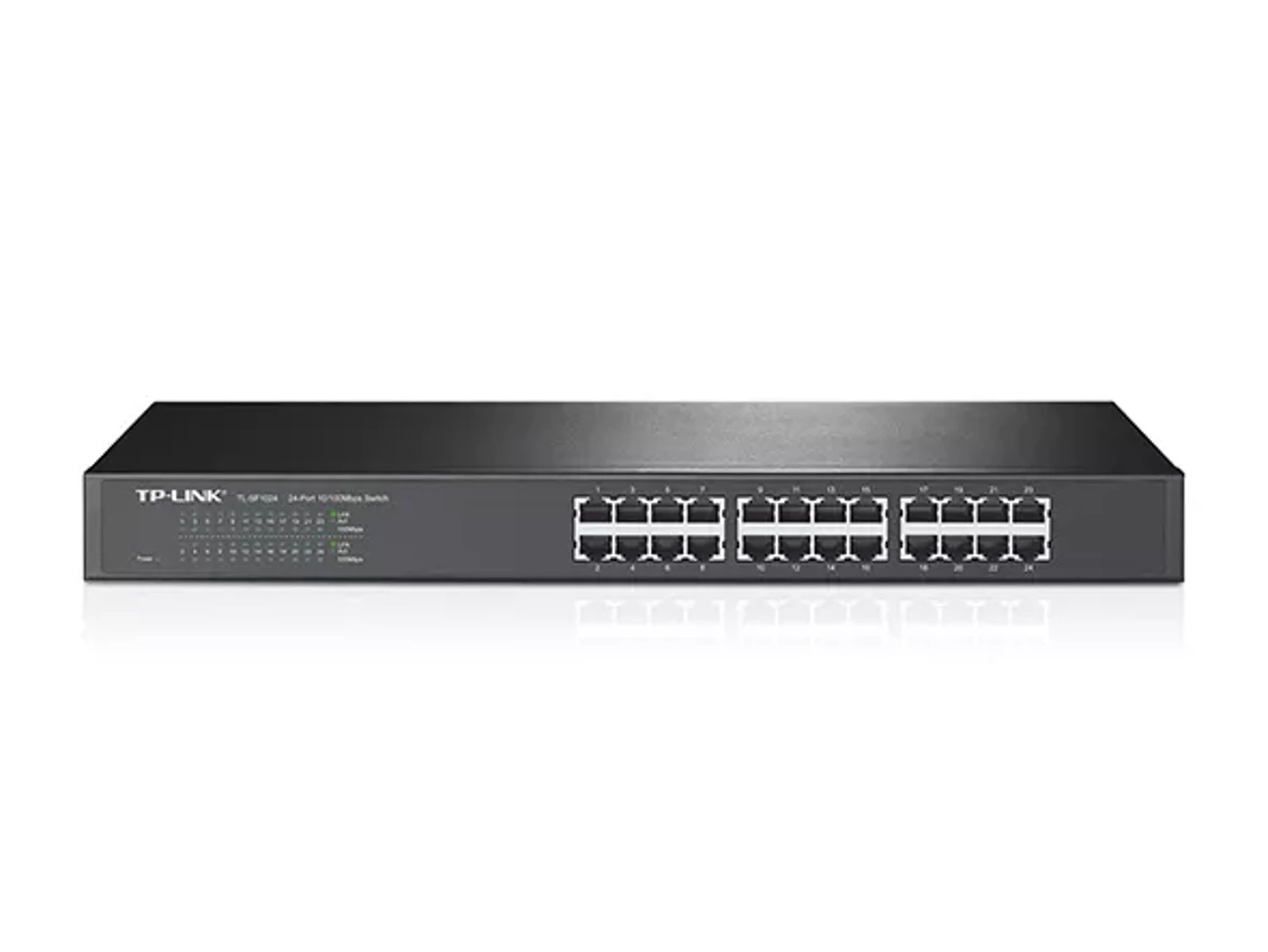 Switch TP-LINK no administrable Fast Ethernet 24 puertos 10/100, switching 4.8Gbps, MAC 8K, auto MDI/MDIX, control de flujo 802.3x, carcasa metálica rack 19”