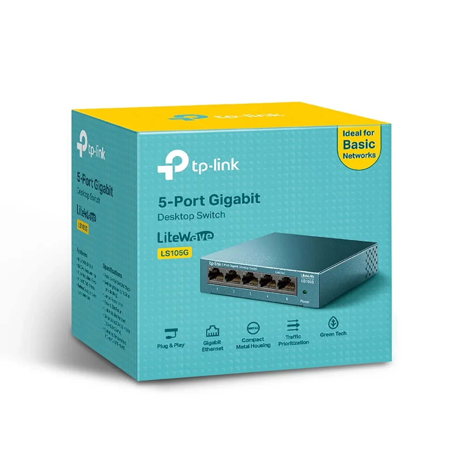 Switch TP-LINK no administrable LiteWave 5 puertos Gigabit, switching 10Gbps, 7.4Mpps, MAC 2K, jumbo 16KB, auto MDI/MDIX, control de flujo 802.3x, carcasa metálica