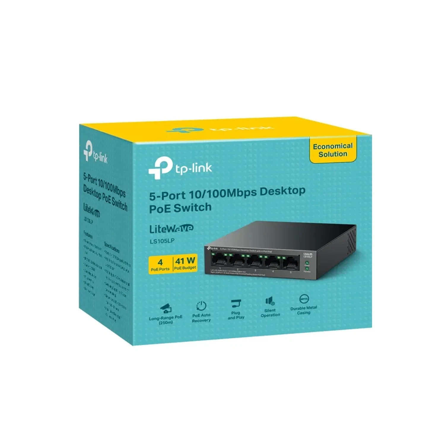 Switch TP-LINK no administrable LiteWave, 5 puertos Fast Ethernet, 4 PoE+ 41 W, switching 1 Gbps, MAC 2000, metal fanless, QoS, modo extendido 250 m, recuperación PoE automática.