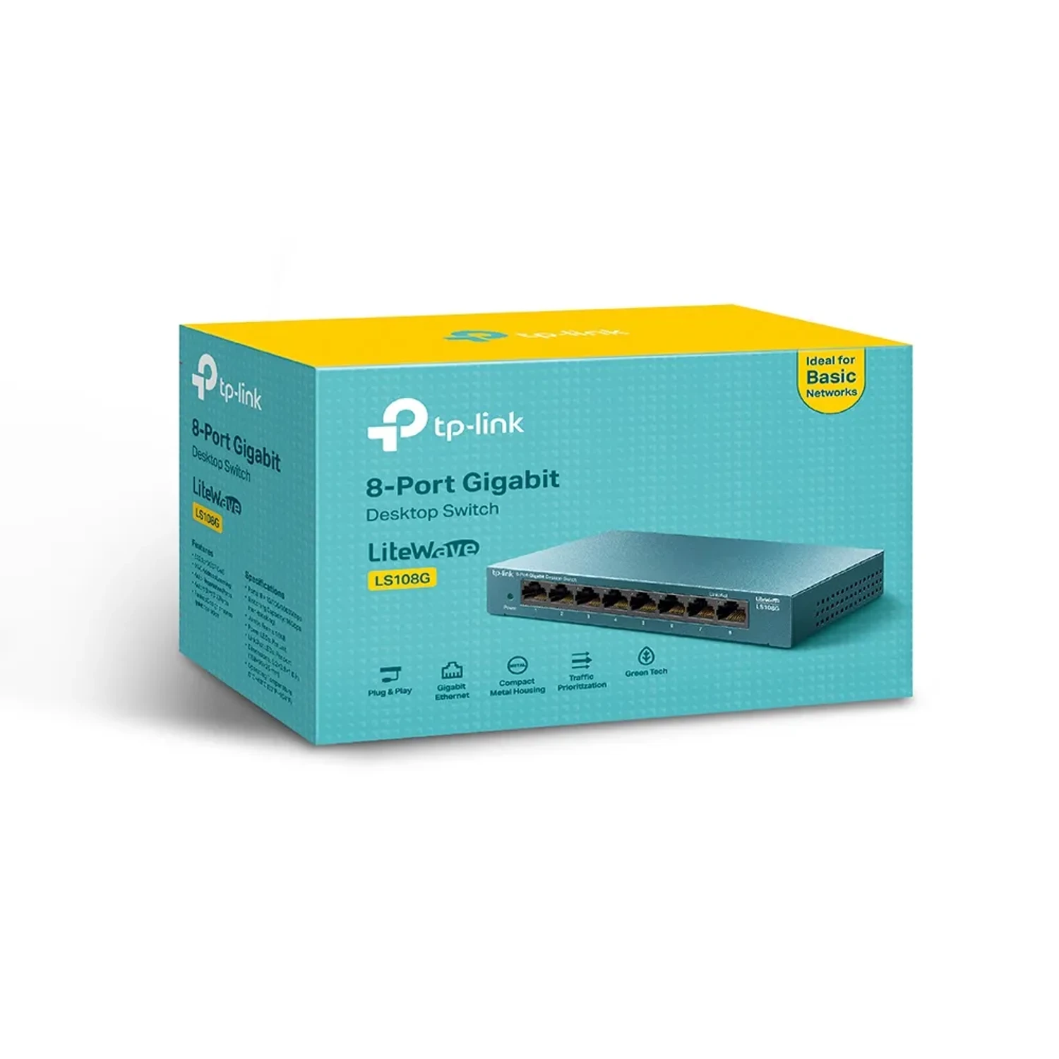 Switch TP-LINK no administrable LiteWave 8 puertos Gigabit, switching 16Gbps, 11.9Mpps, MAC 4K, jumbo 16KB, auto MDI/MDIX, control de flujo 802.3x, carcasa metálica