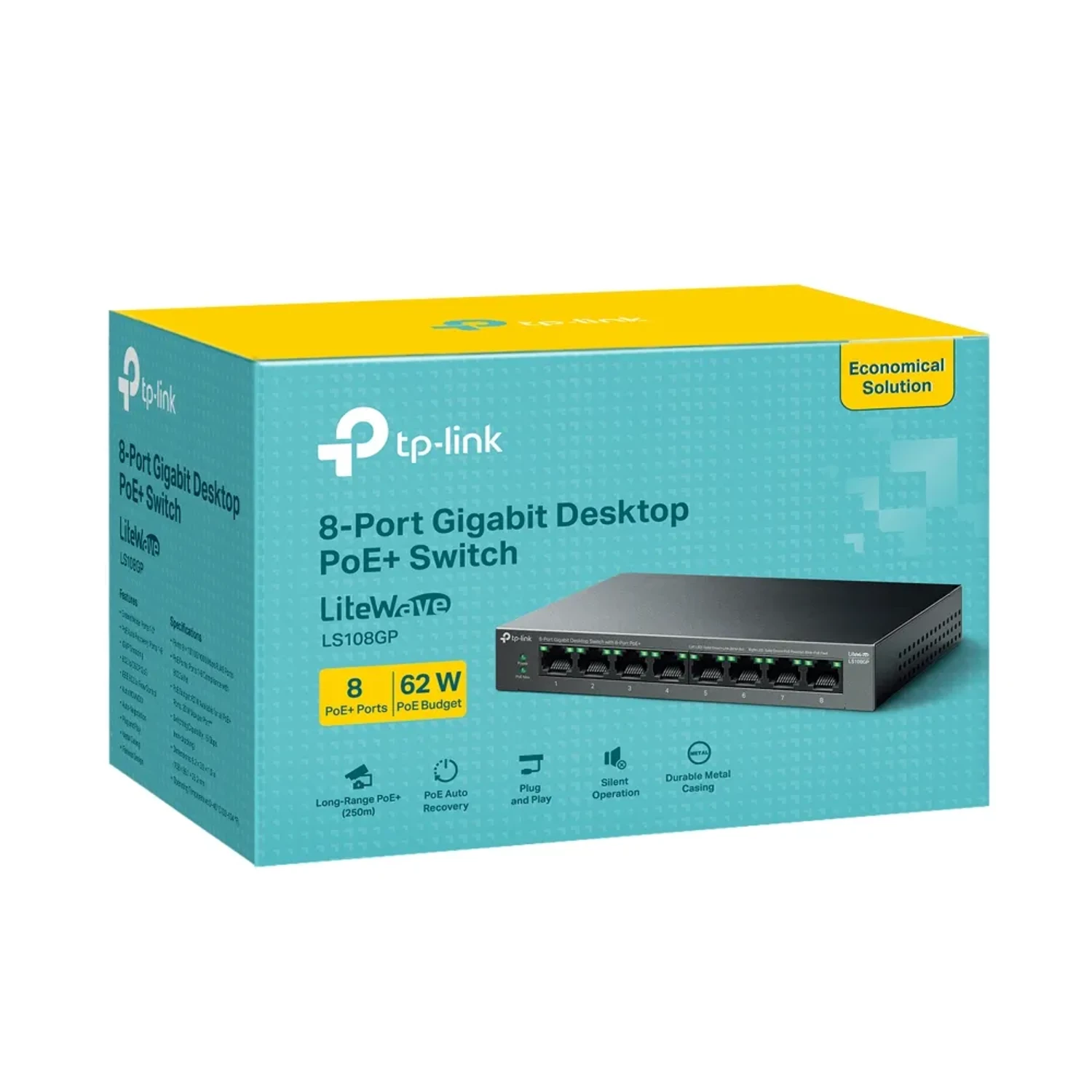 Switch TP-LINK no administrable LiteWave, 8 puertos Gigabit, 8 PoE+ 62W, switching 16Gbps, metal fanless, QoS, auto MDI/MDI-X, modo extendido 250m.