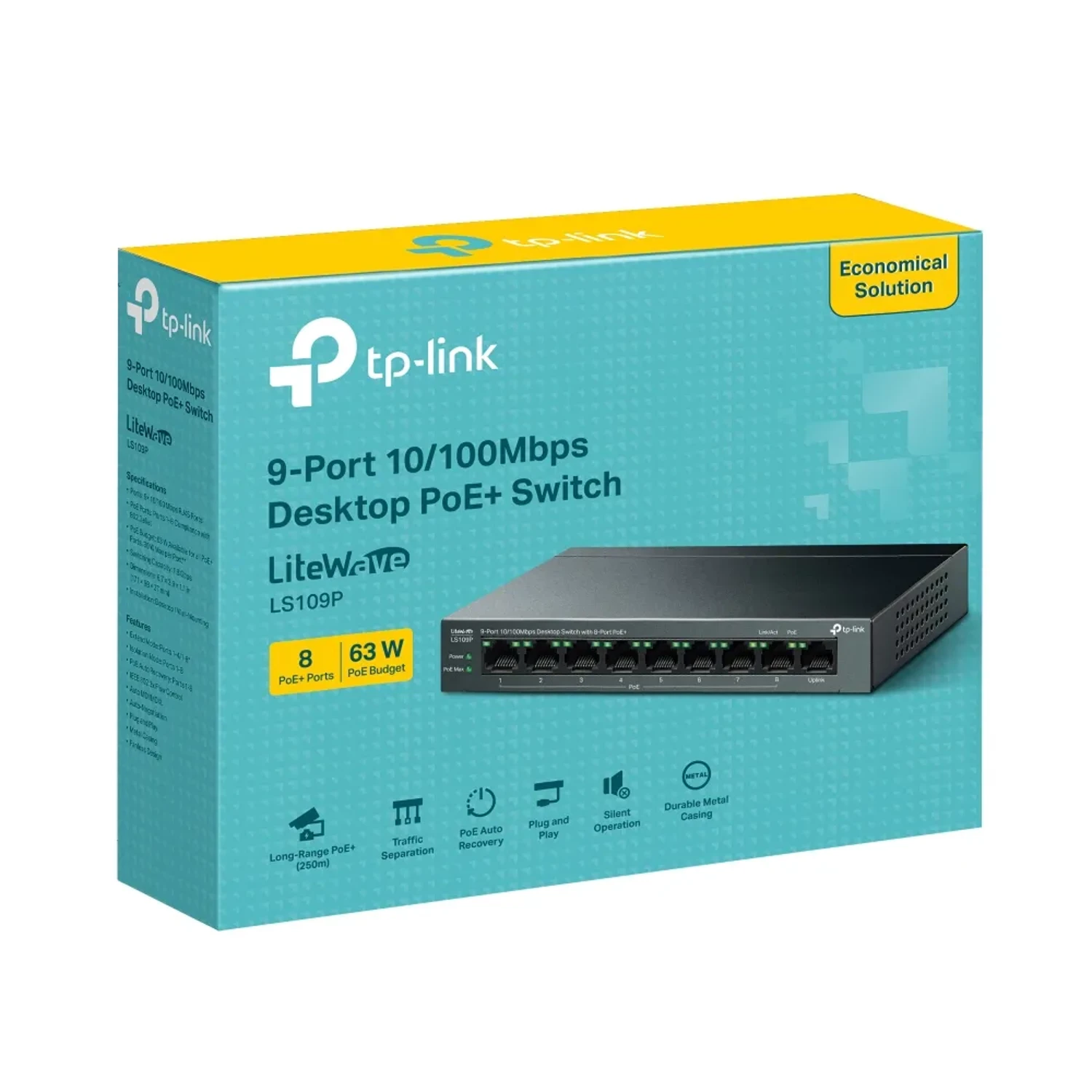 Switch TP-LINK no administrable LiteWave, 9 puertos Fast Ethernet, 8 PoE+ 63W, switching 1.8Gbps, MAC 2000, metal fanless, QoS, modo extendido 250m, modo aislamiento.