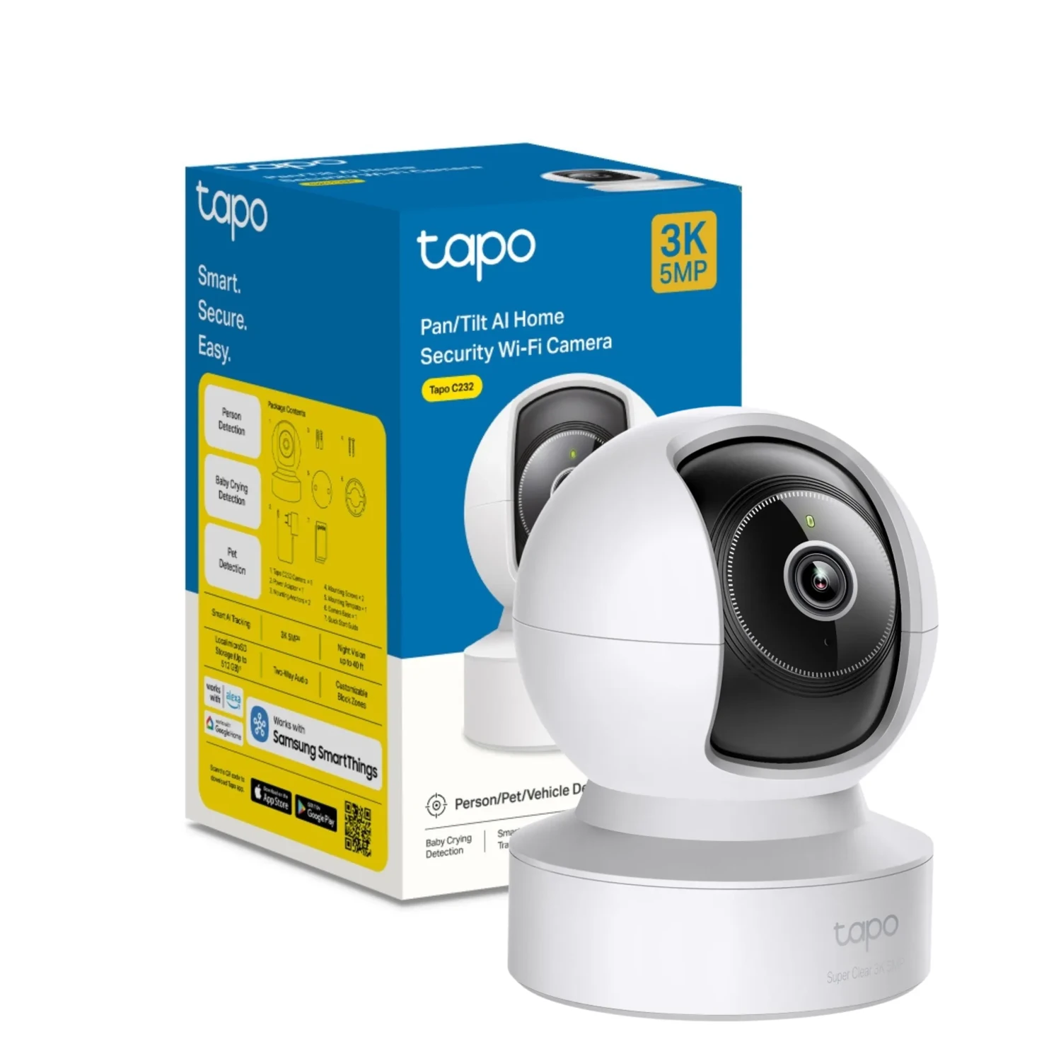 Tapo C232 TAPO Cámara WiFi interior PT 3K 5MP, 2.4GHz, 360°, IA detección personas/mascotas/sonido, tracking, audio bidireccional, visión nocturna, microSD, alarma.