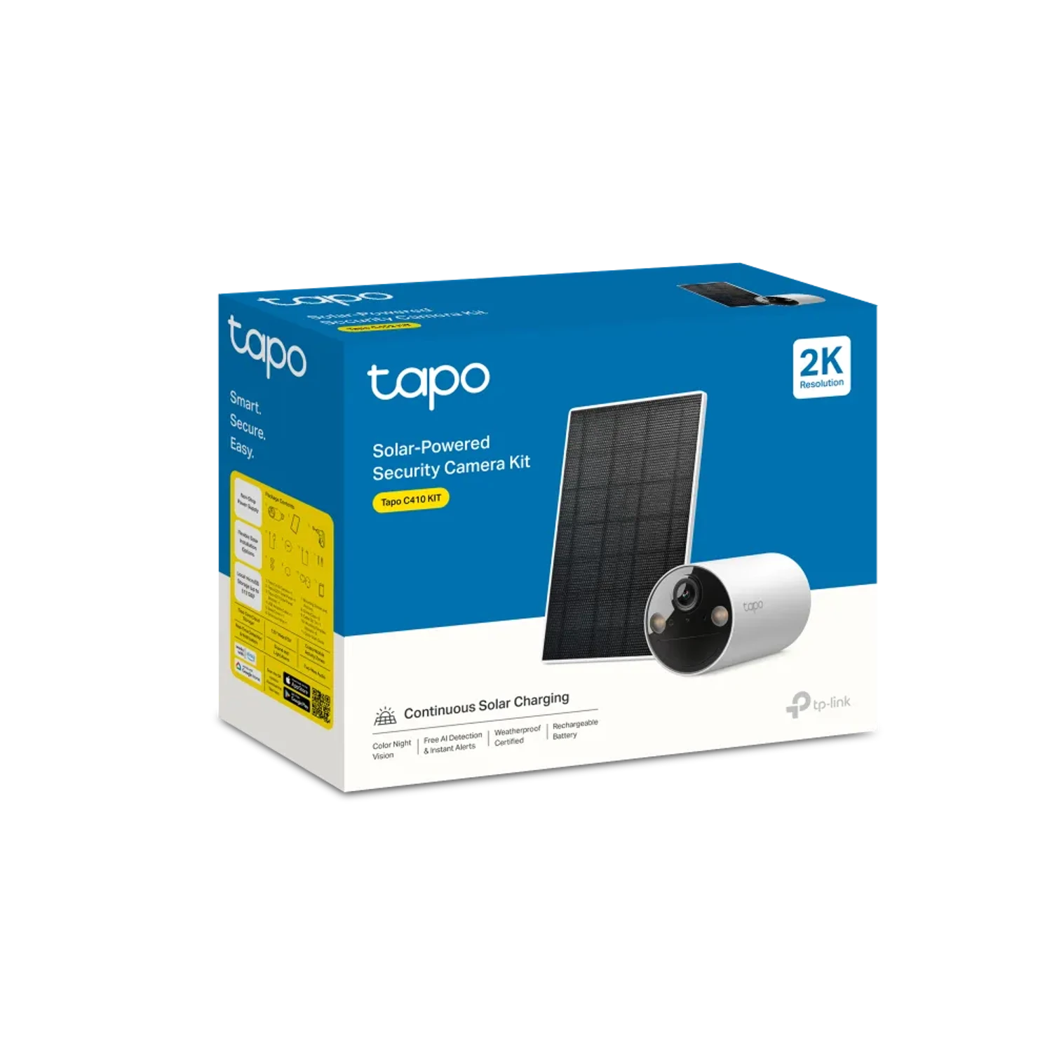 Tapo C410 KIT camara Tapo exterior wifi 3MP 2304x1296 2K, alimentacion solar continua, vision nocturna a color 9 m, deteccion inteligente, audio bidireccional, IP65, microSD hasta 512GB