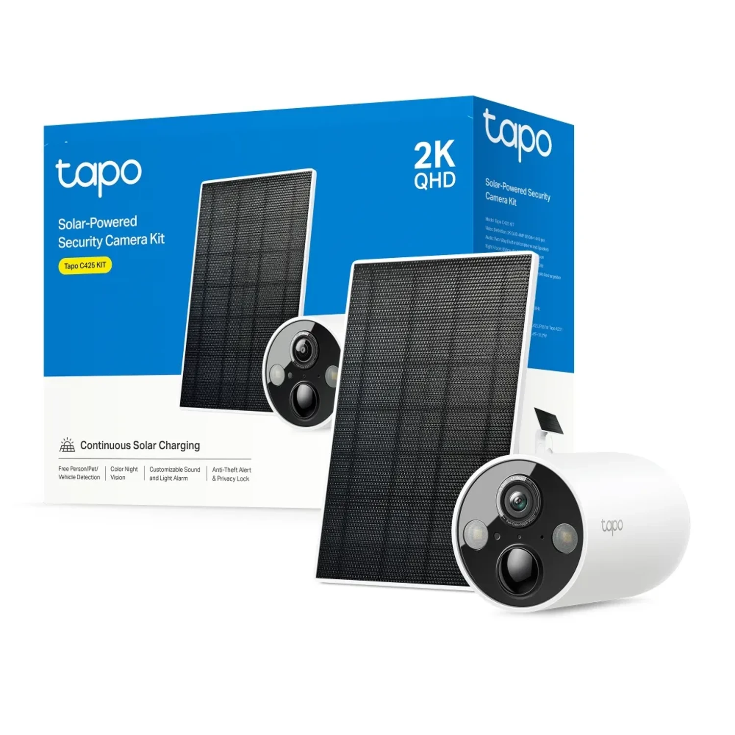 Tapo C425 KIT camara Tapo exterior wifi 4MP 2560x1440 2K QHD, bateria recargable 10000mAh con panel solar, vision nocturna a color 15 m, deteccion inteligente, audio bidireccional, microSD hasta 512GB