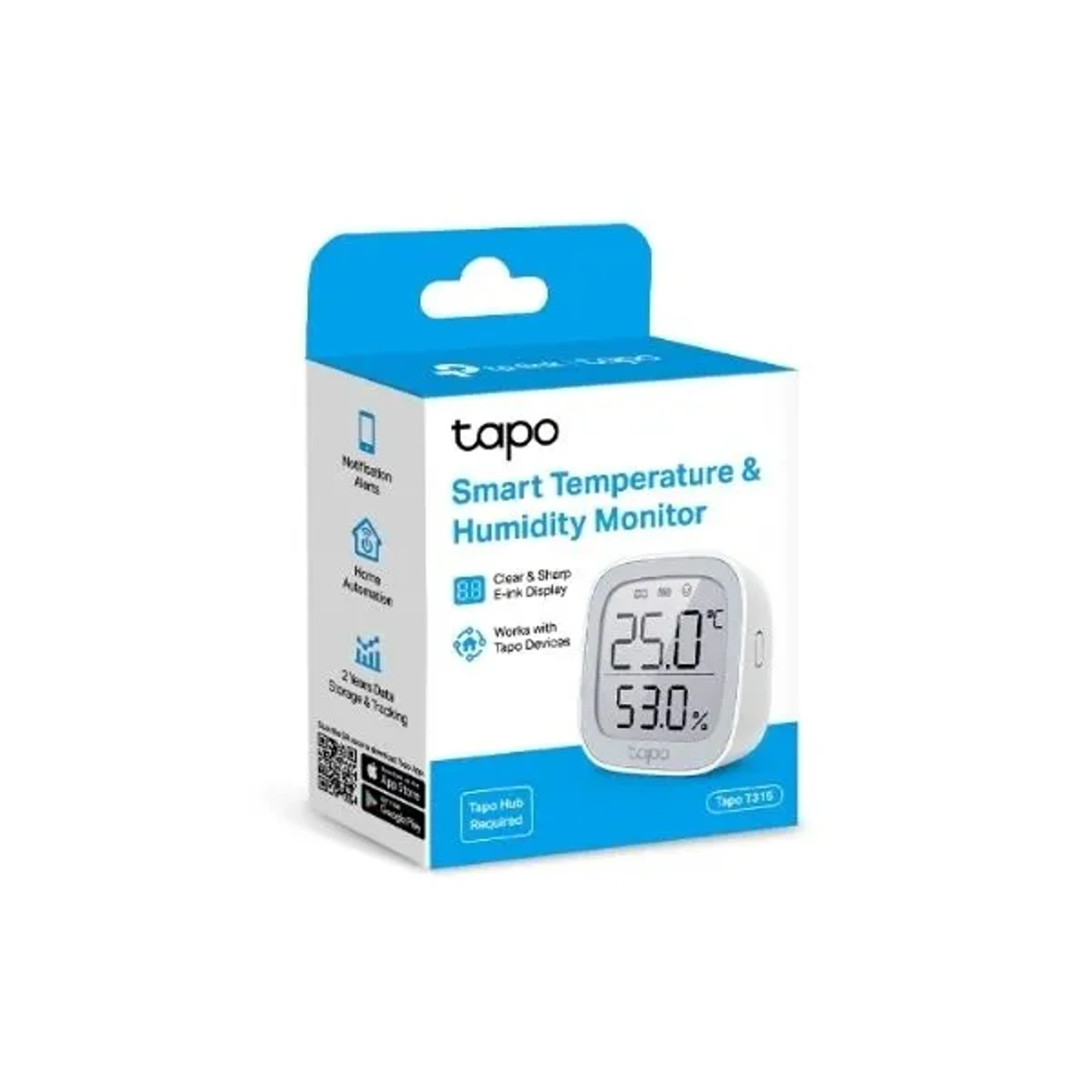 Tapo T315 sensor de temperatura y humedad para interior, comunicacion 868 MHz, pantalla e ink 2.7 pulgadas, alta precision, alertas inteligentes, registro de datos, funciona con hub Tapo, bateria incl