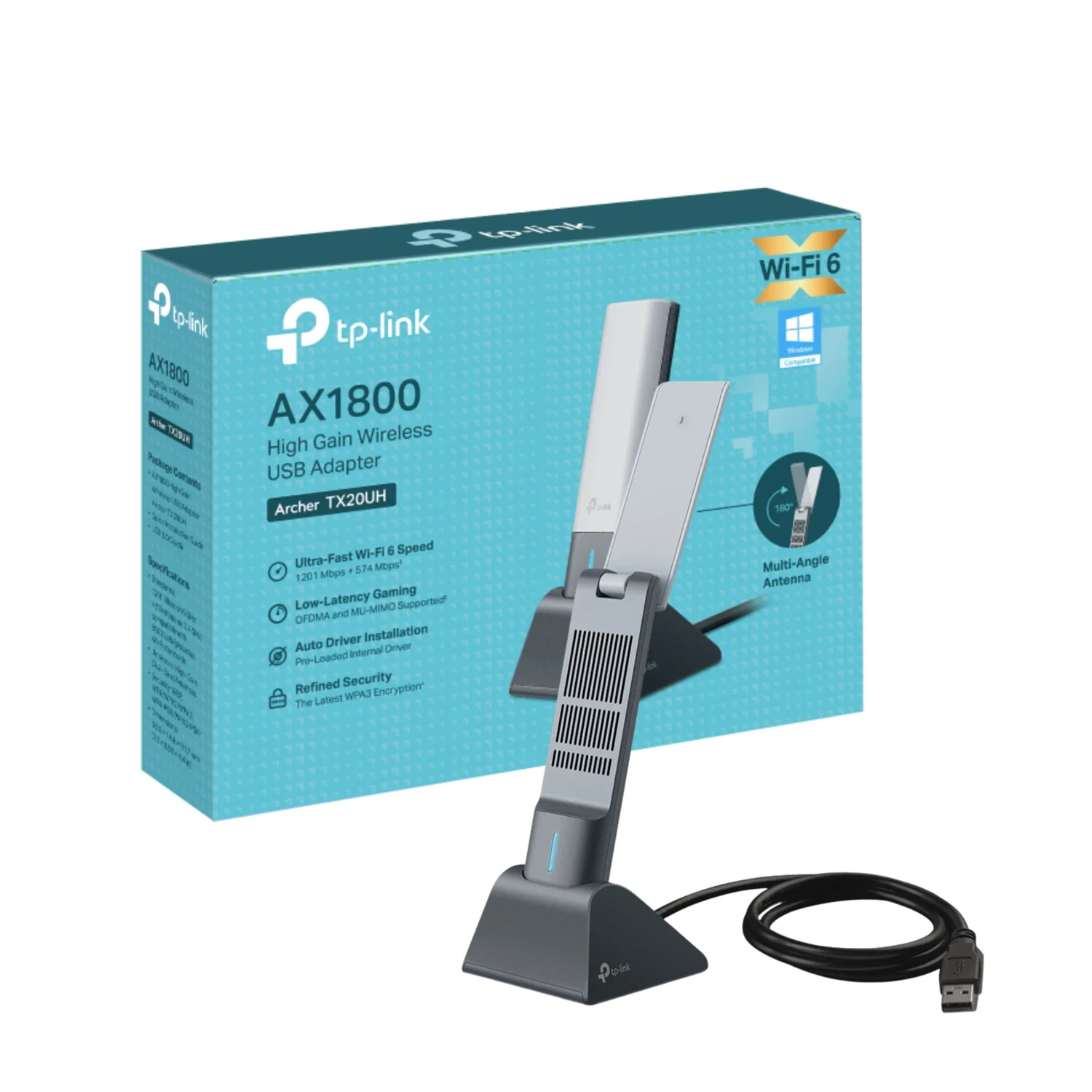 TP-LINK Adaptador USB WiFi6 dual band AX1800 alta ganancia, 574+1201 Mbps, antenas externas, USB3.0, OFDMA, MU-MIMO, WPA3.