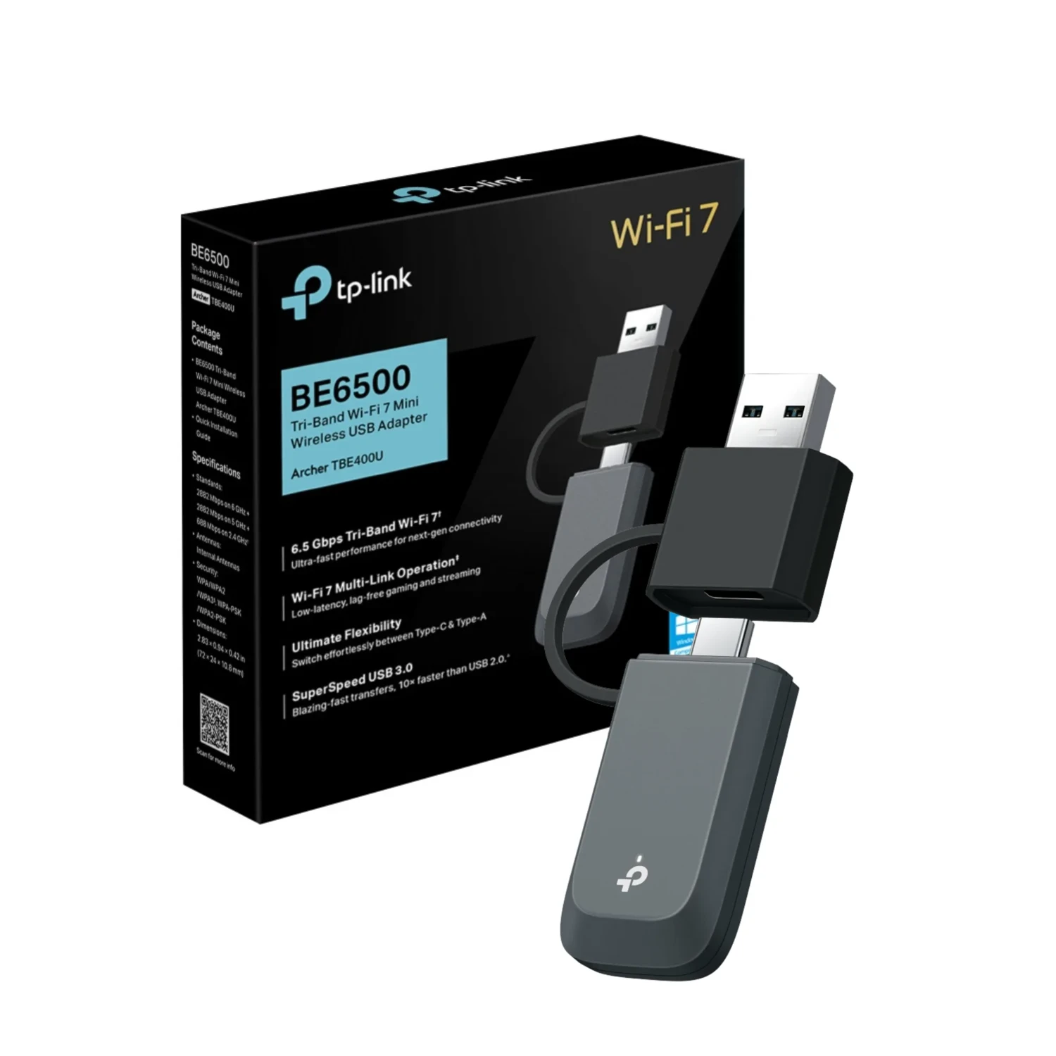 TP-LINK Adaptador USB WiFi7 tri band BE6500, 688+2882+2882 Mbps, antenas internas, USB3.0 A/C, MLO, OFDMA, MU-MIMO, WPA3..
