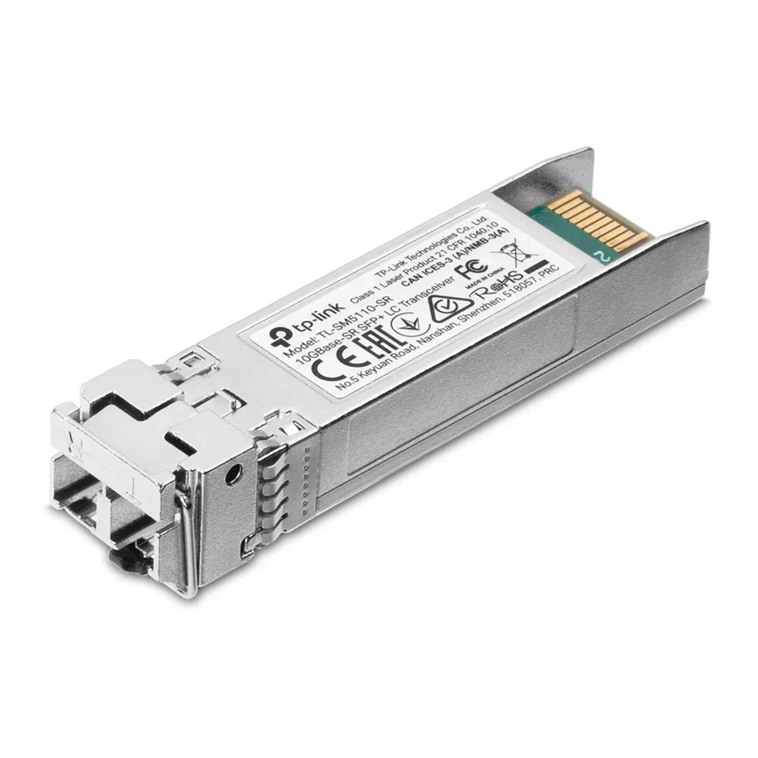 TP-Link Omada Modulo SFP+, 10Gbps, puertos LC duplex, distancia 300m, fibra multimodo, fibras dual, onda 850nm, dim 67x13.9x10.3mm, temp 0-70°C, interior.