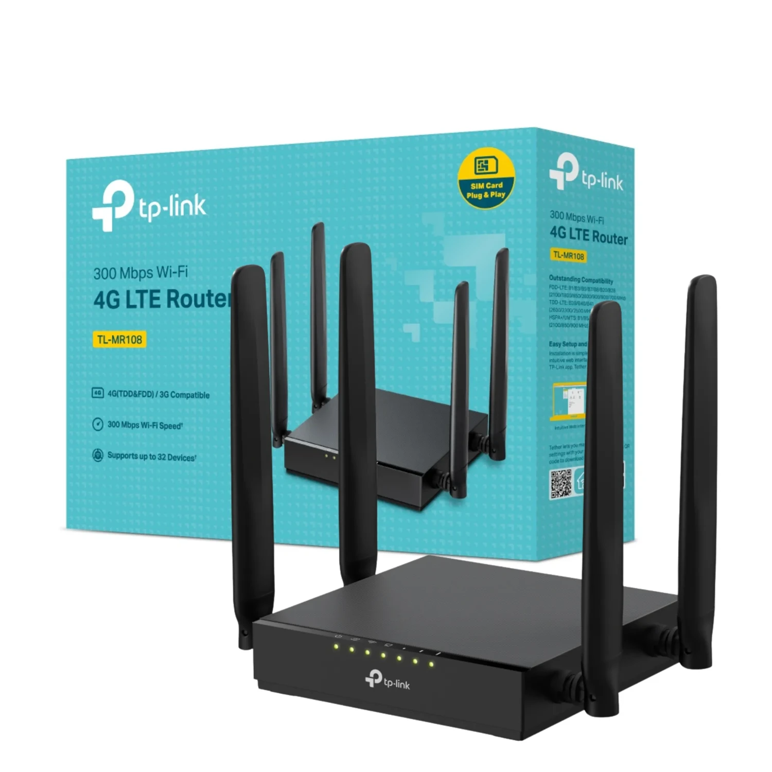 TP-LINK Router 4G LTE WiFi4 single band N300 4G LTE, 300 Mbps +150 Mbps LTE, 4 antenas, 1xFE+3xFE, control parental, app Tether.