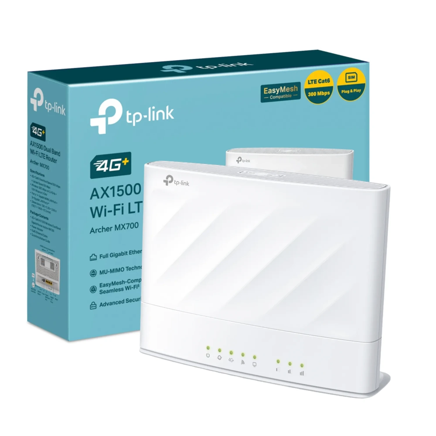 TP-LINK Router 4G LTE WiFi6 dual band AX1500 4G LTE, 300+1201 Mbps +300 Mbps LTE, antenas internas, 1xGE+3xGE, OFDMA, EasyMesh, control parental, QoS.