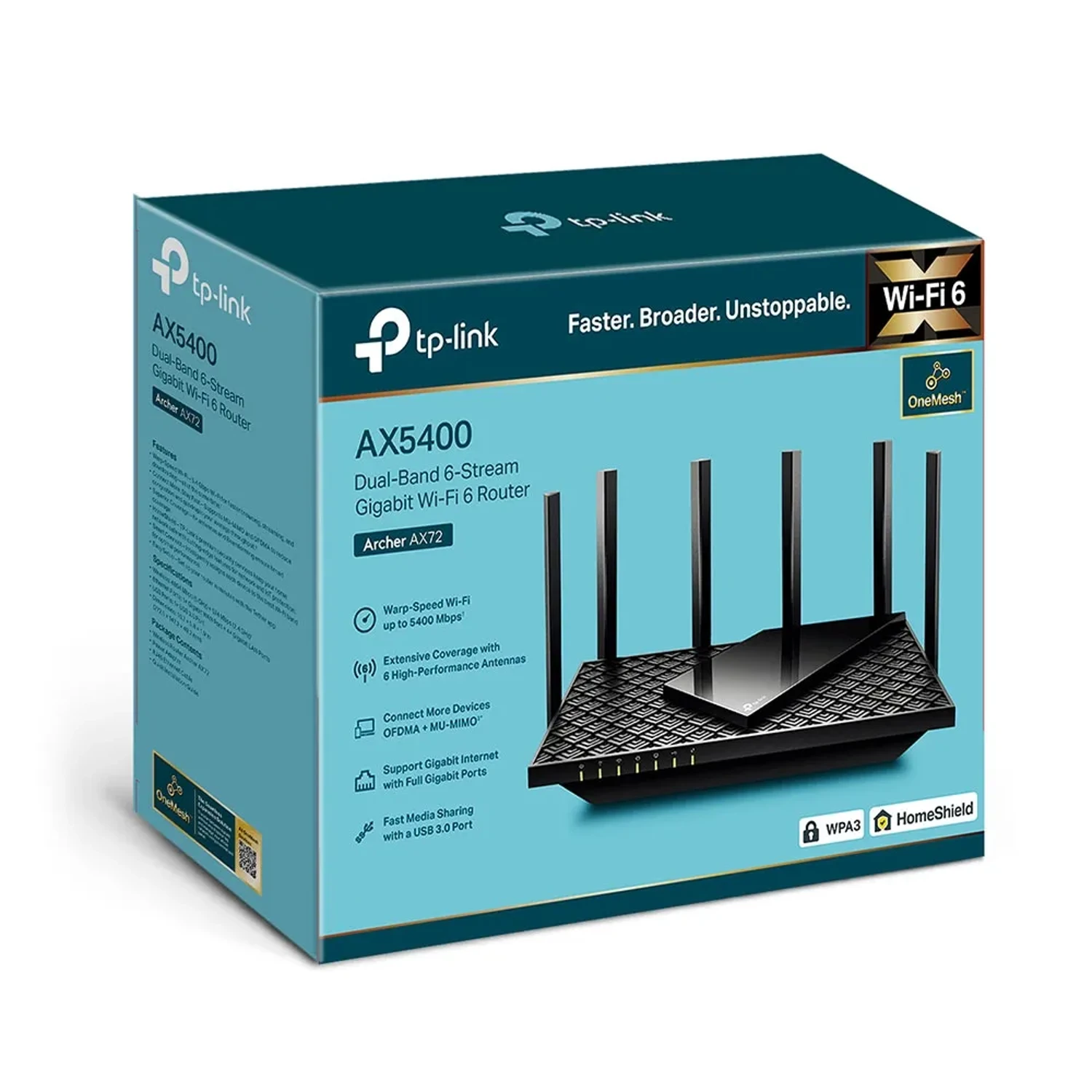 TP-LINK Router WiFi6 dual band AX5400, 574+4804 Mbps, 6 antenas, 1xGE+4xGE, USB3.0, OFDMA, MU-MIMO, HE160, WPA3, HomeShield, EasyMesh.