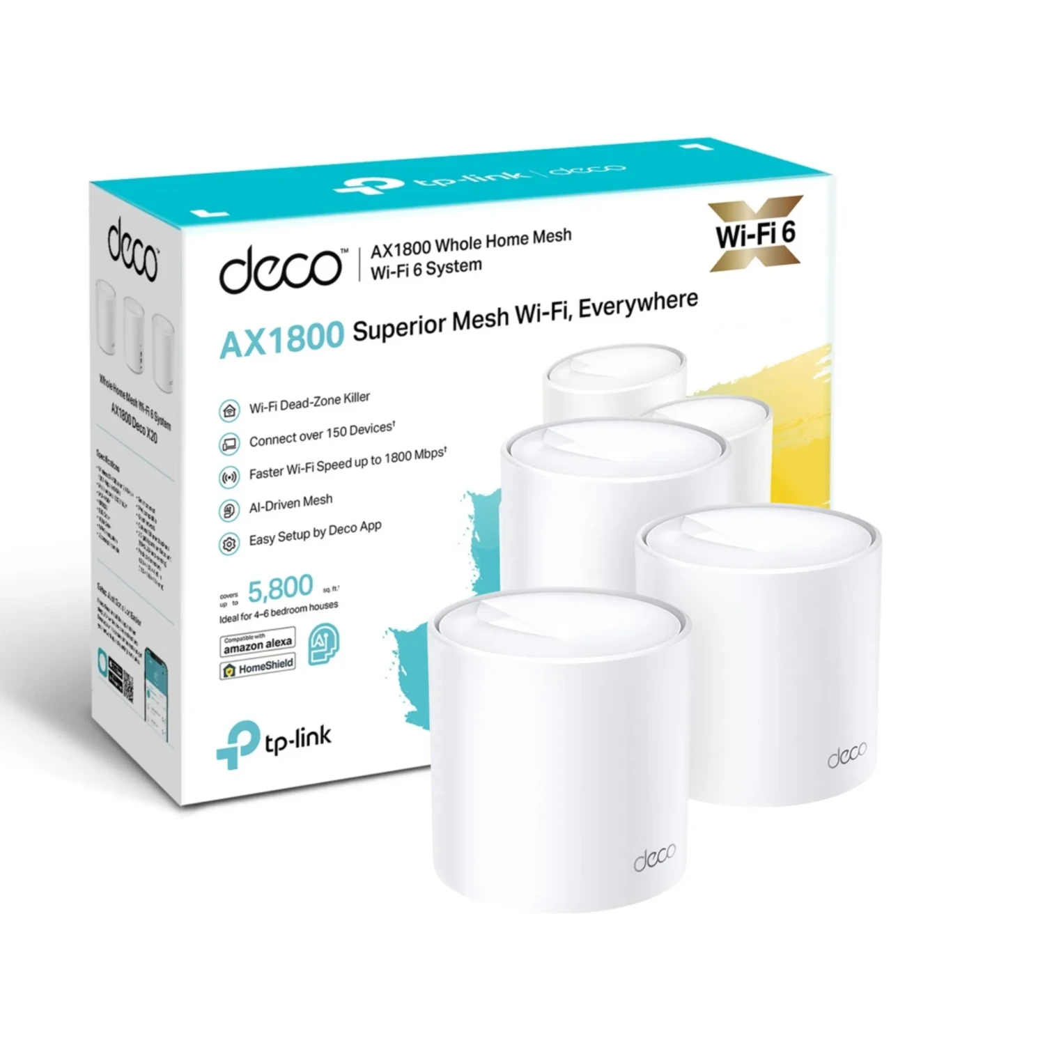 TP-LINK Sistema Mesh WiFi6 dual band AX1800, 574+1201 Mbps, antenas internas, 2xGE, OFDMA, MU-MIMO, WPA3, HomeShield, AI Mesh.
