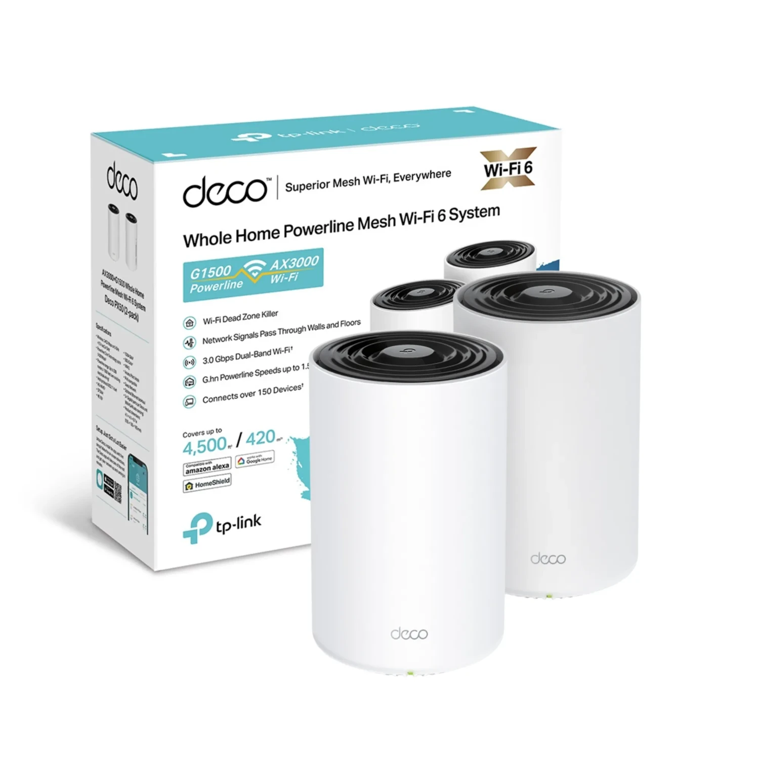 TP-LINK Sistema Mesh WiFi6 dual band AX3000 + Powerline G1500, 574+2402 Mbps +1428 Mbps PLC, 2 antenas, 3xGE, G.hn, OFDMA, MU-MIMO, HE160, WPA3, HomeShield, AI Mesh.