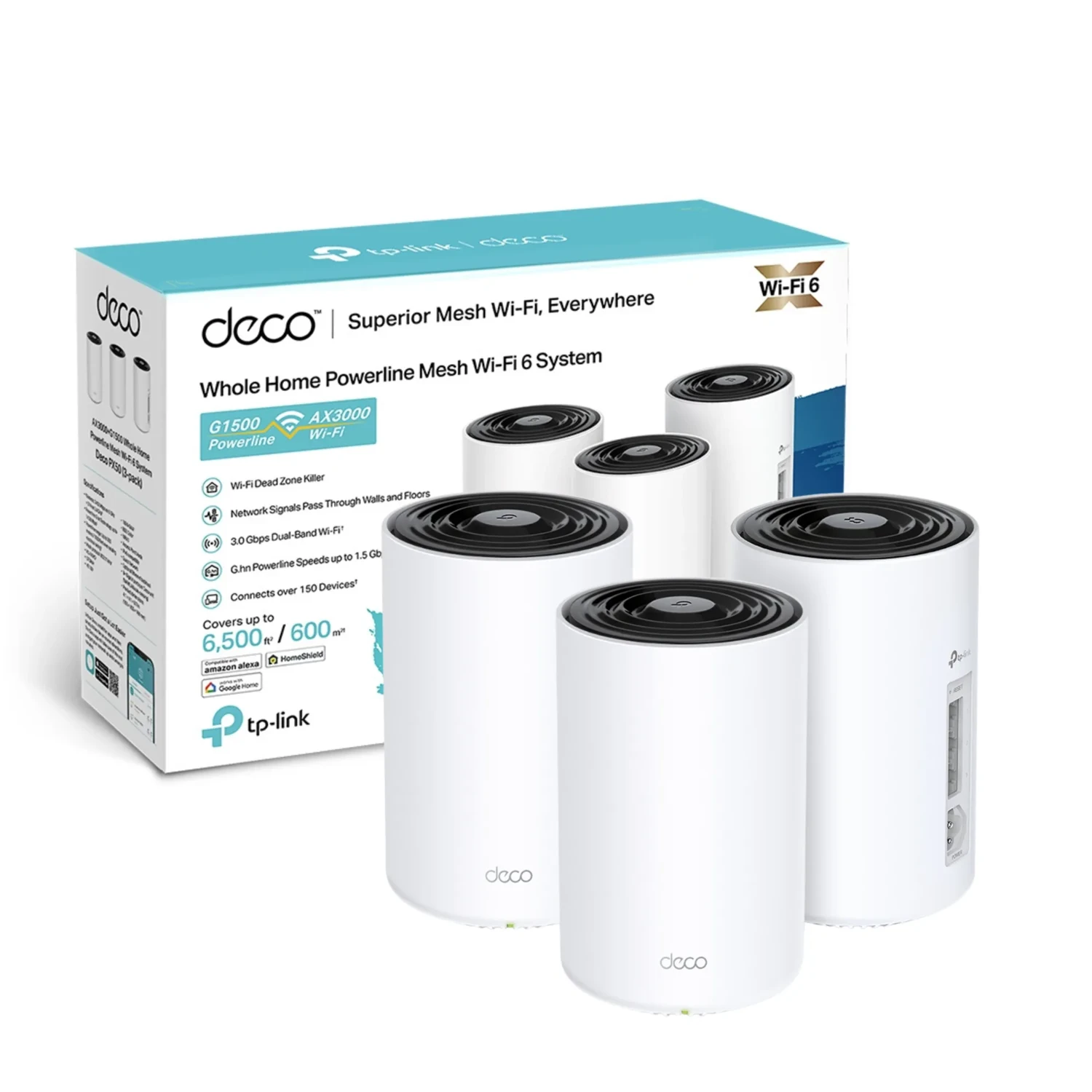 TP-LINK Sistema Mesh WiFi6 dual band AX3000 + Powerline G1500, 574+2402 Mbps +1428 Mbps PLC, 2 antenas, 3xGE, G.hn, OFDMA, MU-MIMO, HE160, WPA3, HomeShield, AI Mesh.