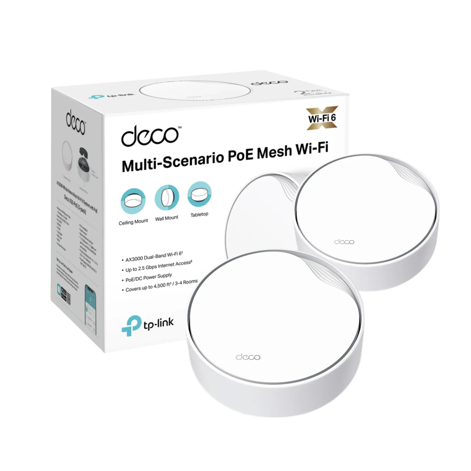 TP-LINK Sistema Mesh WiFi6 dual band AX3000 PoE, 574+2402 Mbps, 4 antenas, 2x2.5G, OFDMA, MU-MIMO, HE160, WPA3, HomeShield, AI Mesh, montaje múltiple.