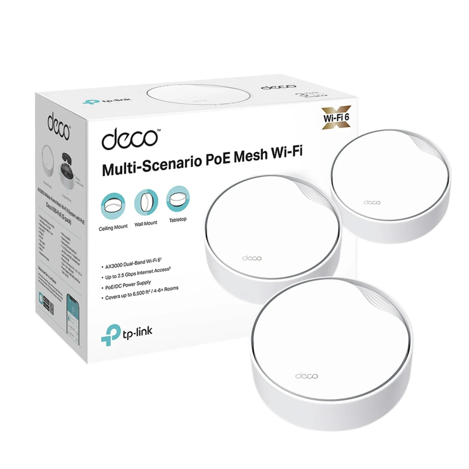 TP-LINK Sistema Mesh WiFi6 dual band AX3000 PoE, 574+2402 Mbps, 4 antenas, 2x2.5G, OFDMA, MU-MIMO, HE160, WPA3, HomeShield, AI Mesh, montaje múltiple.