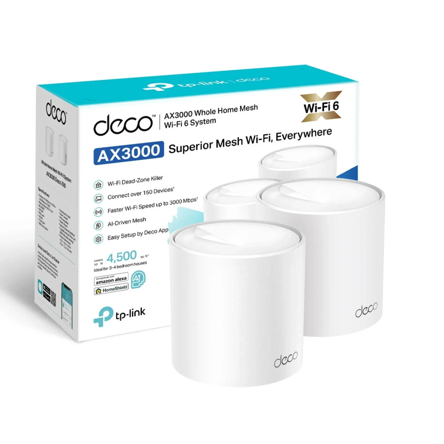 TP-LINK Sistema Mesh WiFi6 dual band AX3000, 574+2402 Mbps, antenas internas, 3xGE, OFDMA, MU-MIMO, HE160, WPA3, HomeShield, AI Mesh.