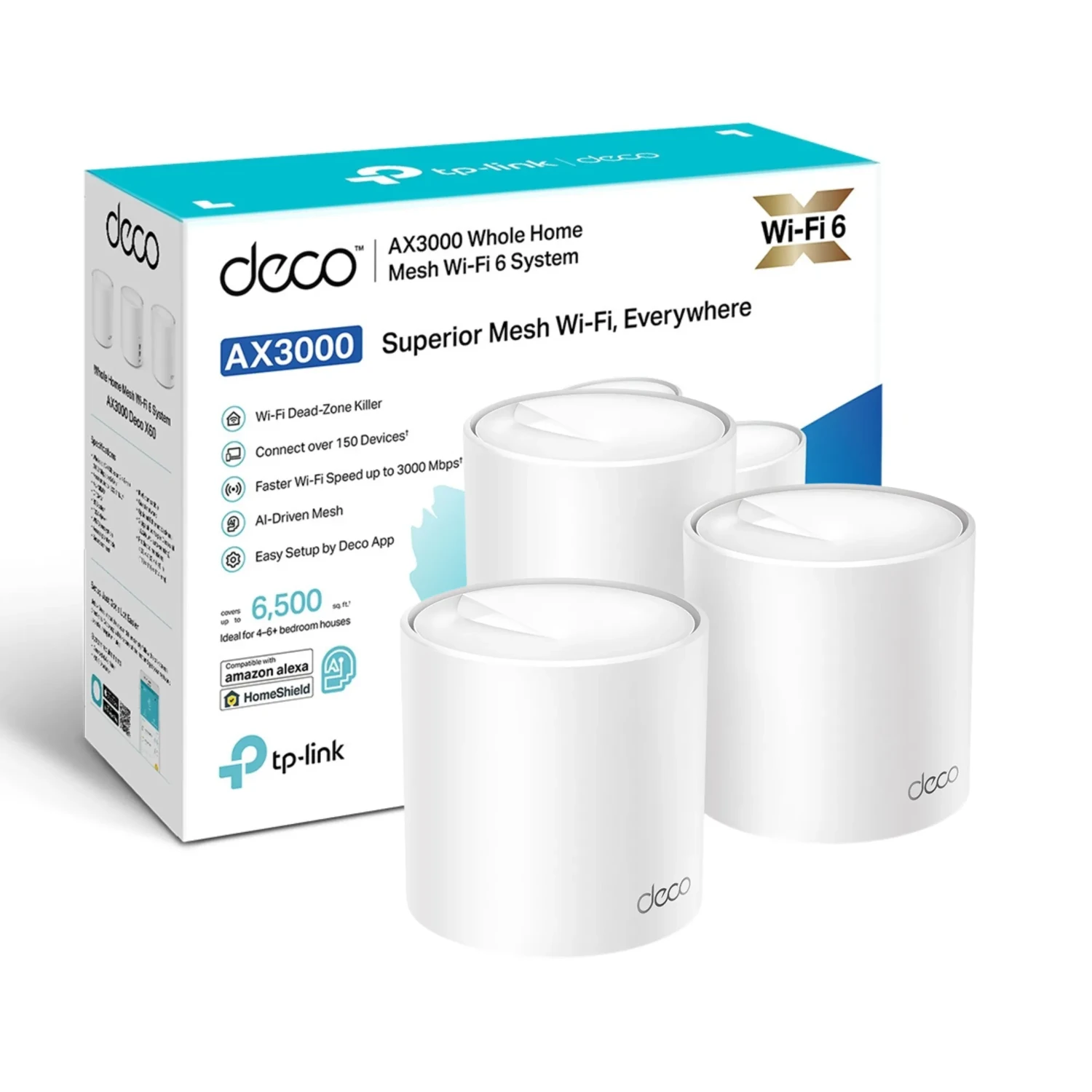 TP-LINK Sistema Mesh WiFi6 dual band AX3000, 574+2402 Mbps, antenas internas, 3xGE, OFDMA, MU-MIMO, HE160, WPA3, HomeShield, AI Mesh.