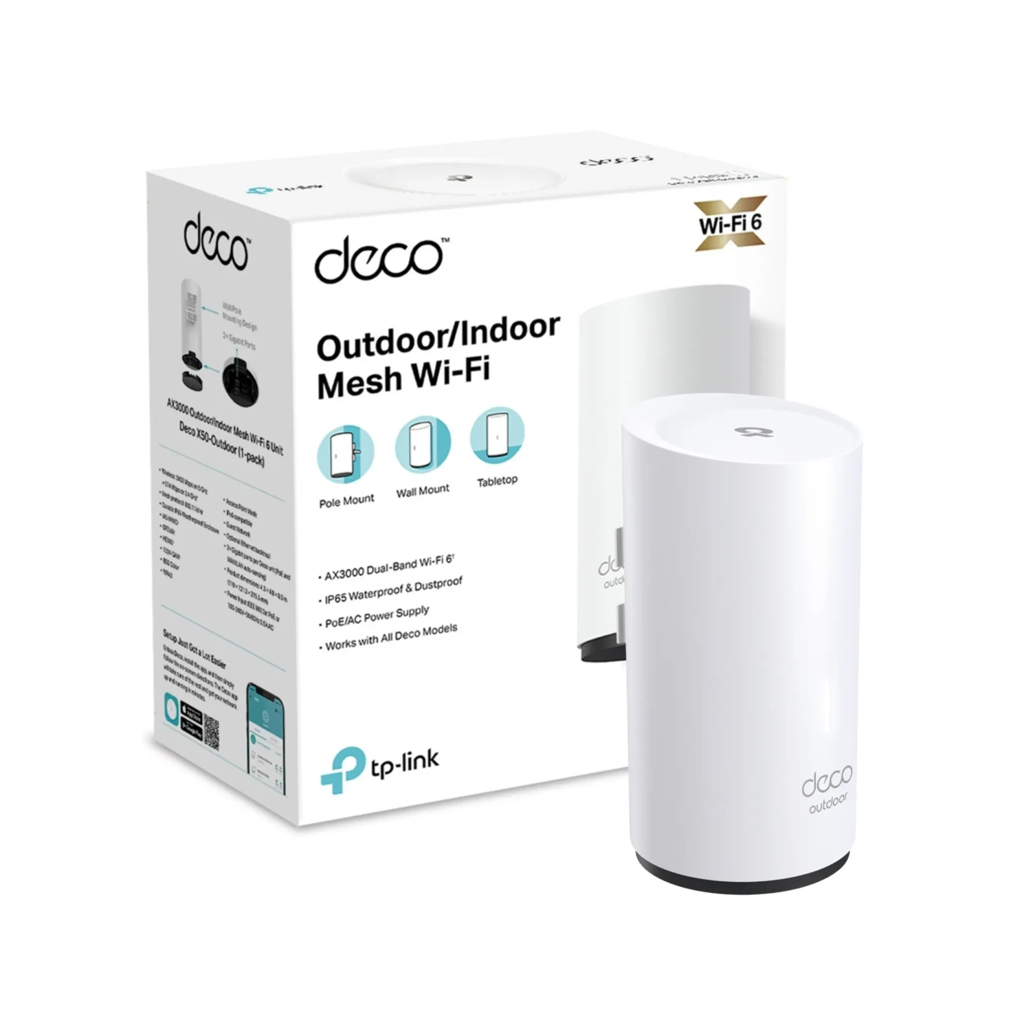 TP-LINK Sistema Mesh WiFi6 exterior AX3000, 574+2402 Mbps, antenas internas, 2xGE, PoE, IP65, OFDMA, MU-MIMO, HE160, WPA3, HomeShield, AI Mesh.