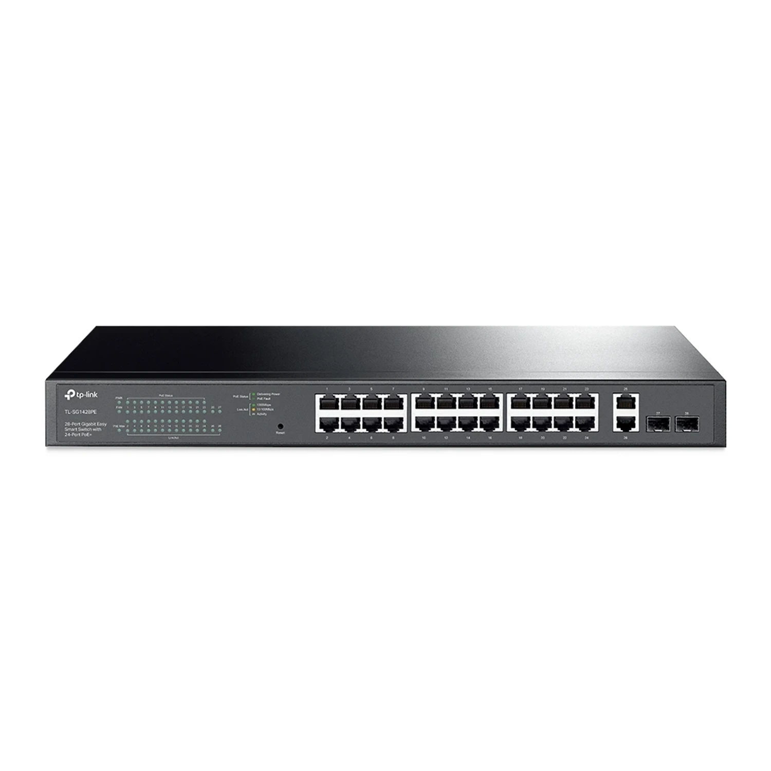 TP-LINK Switch Easy Smart PoE+, 24 puertos Gigabit PoE+, 2 puertos RJ45 Gigabit uplink, 2 puertos SFP, presupuesto PoE 250W, VLAN, QoS e IGMP Snooping.