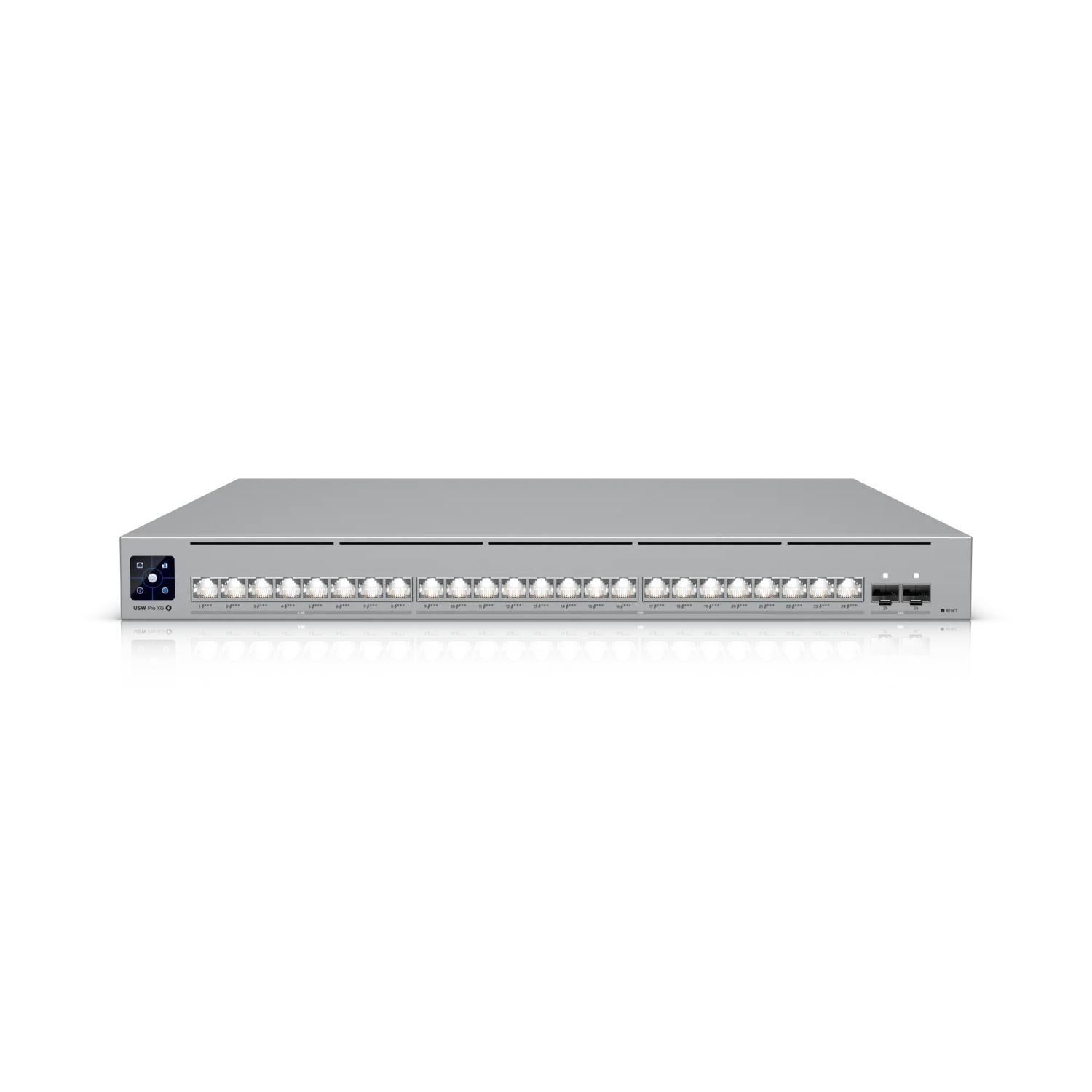 UNIFI USW-Pro-XG-24-PoE. Switch de capa 3 con 24 puertos: 16 x 10GbE Rj45 (PoE+++) + 8 x 2,5GbE Rj45 (PoE+++) + 2 puertos SFP28 de 25 Gigas. PoE budget 720W.