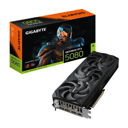 Tarjeta de video Gigabyte GeForce RTX 5080 Windforce OC SFF · 16 GB GDDR7 · PCIe 5.0